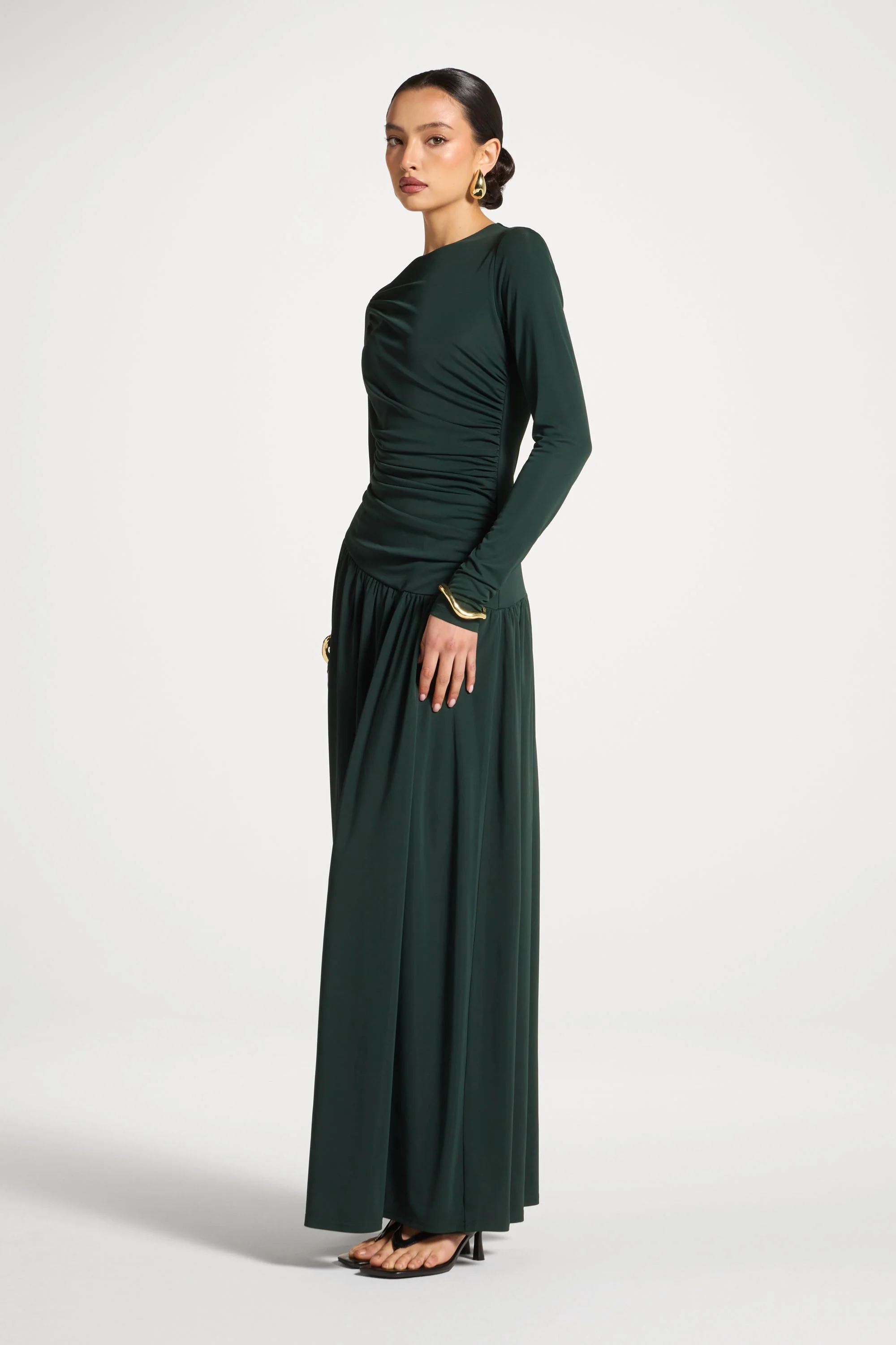 Asymmetrical Waist Rouched Maxi Dress - Emerald - Image 5