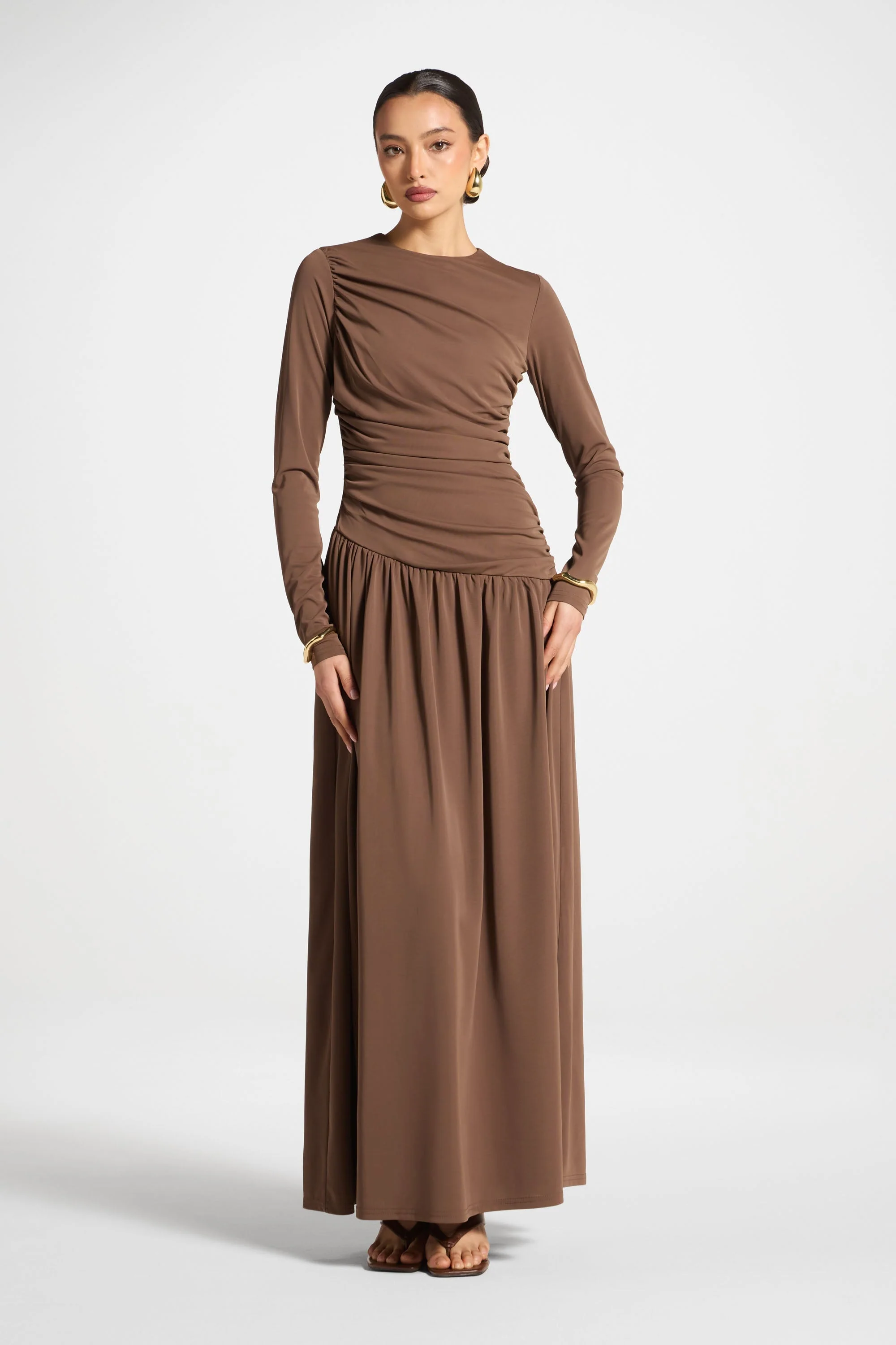 Asymmetrical Waist Rouched Maxi Dress - Coffee