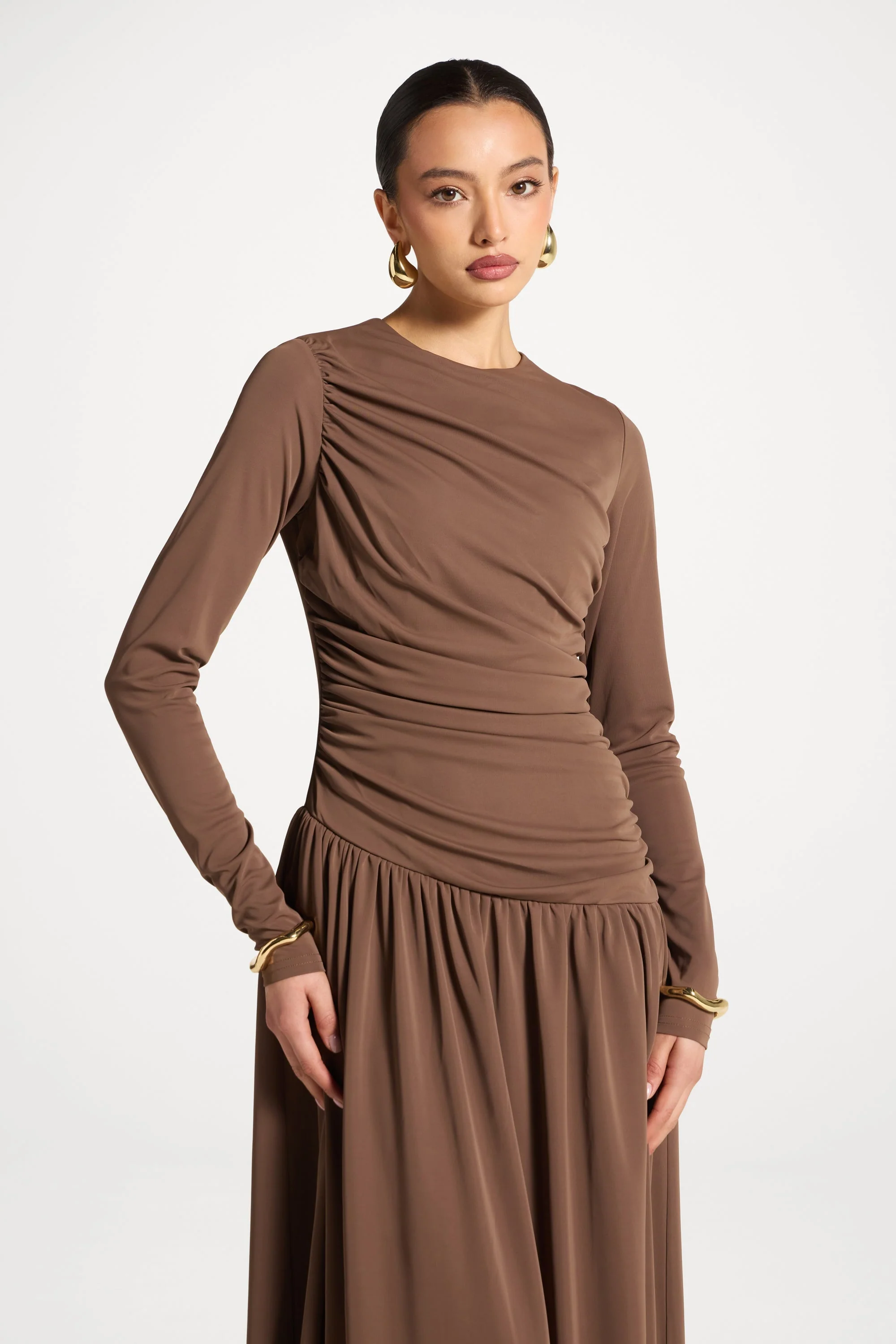 Asymmetrical Waist Rouched Maxi Dress - Coffee - Image 2