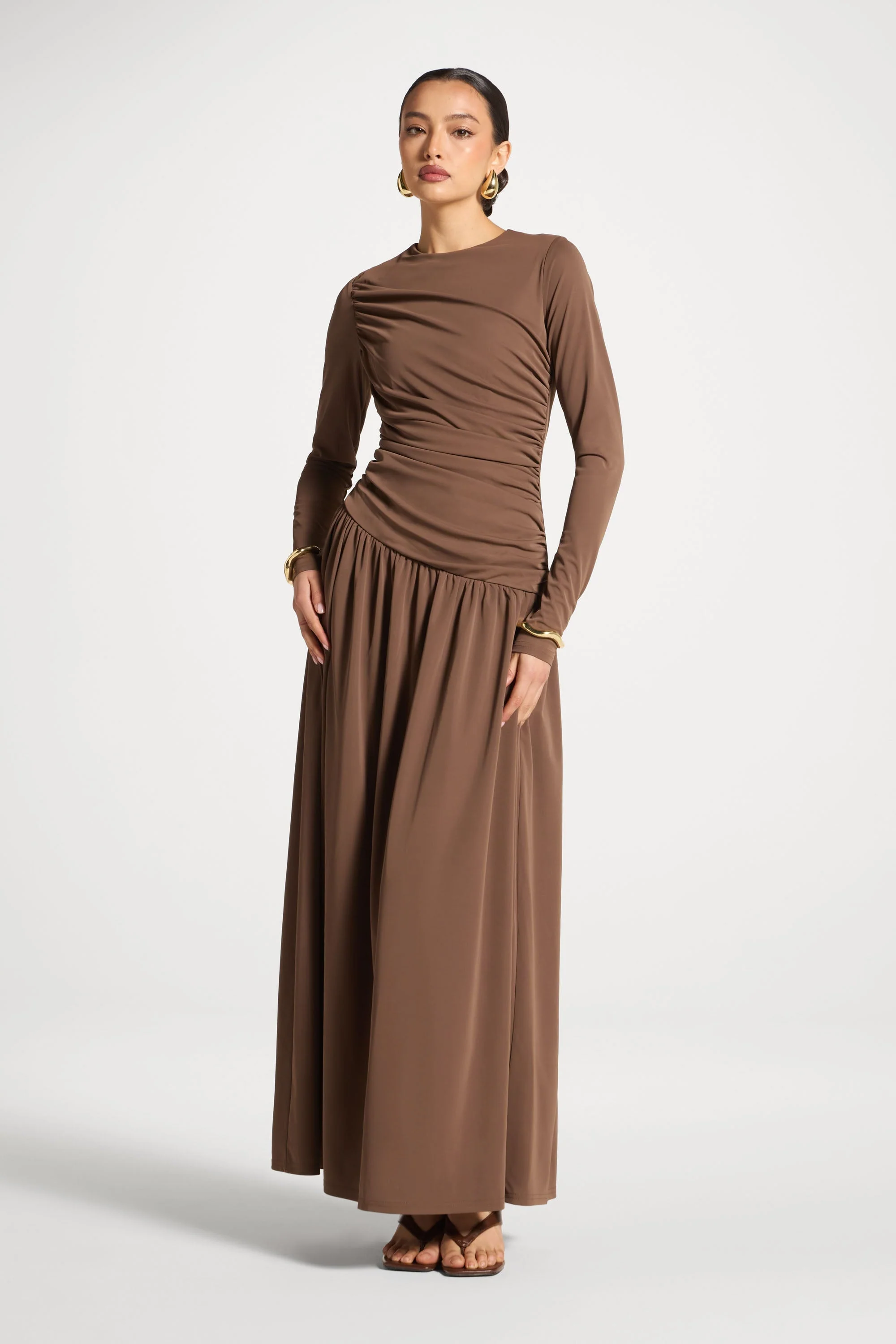 Asymmetrical Waist Rouched Maxi Dress - Coffee - Image 3