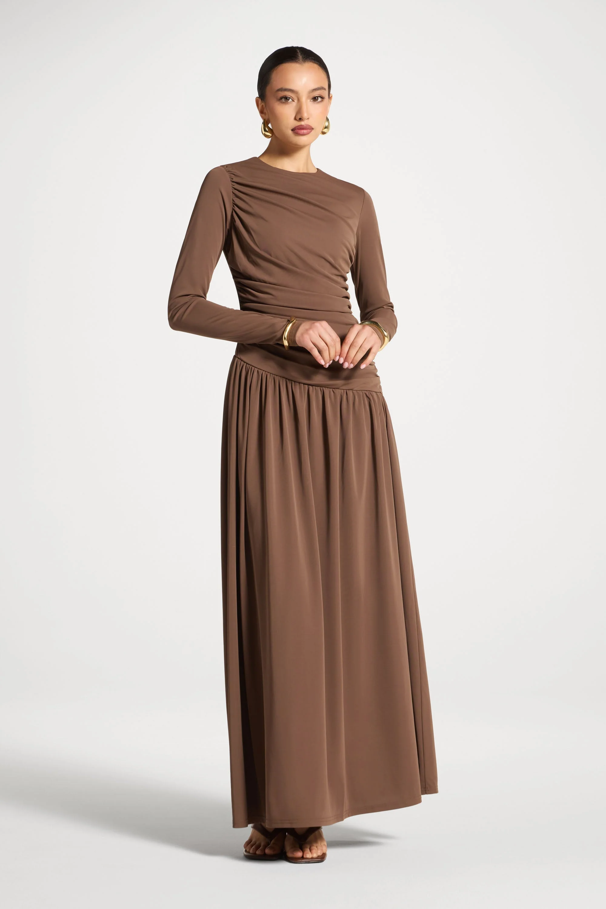 Asymmetrical Waist Rouched Maxi Dress - Coffee - Image 4