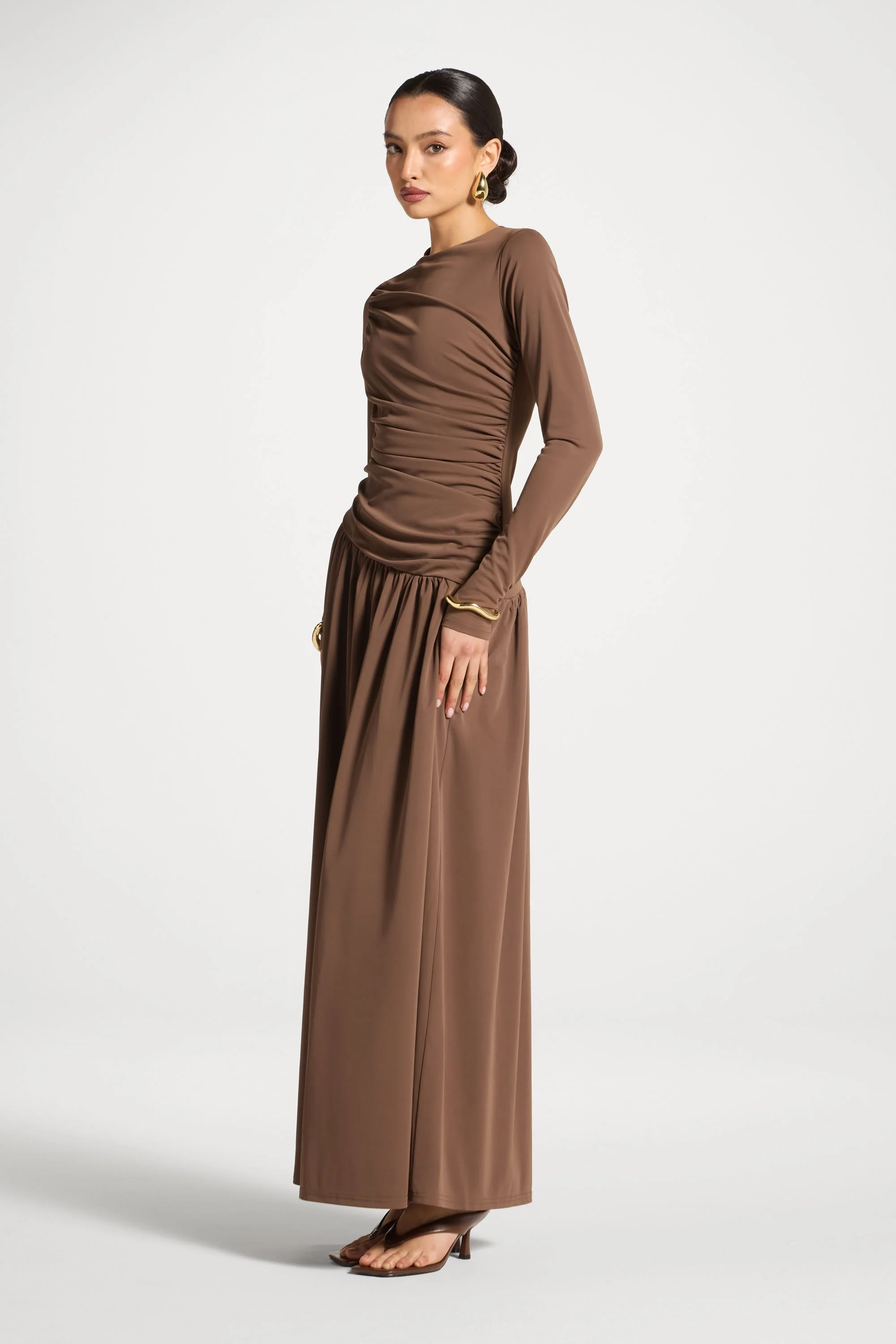 Asymmetrical Waist Rouched Maxi Dress - Coffee - Image 5