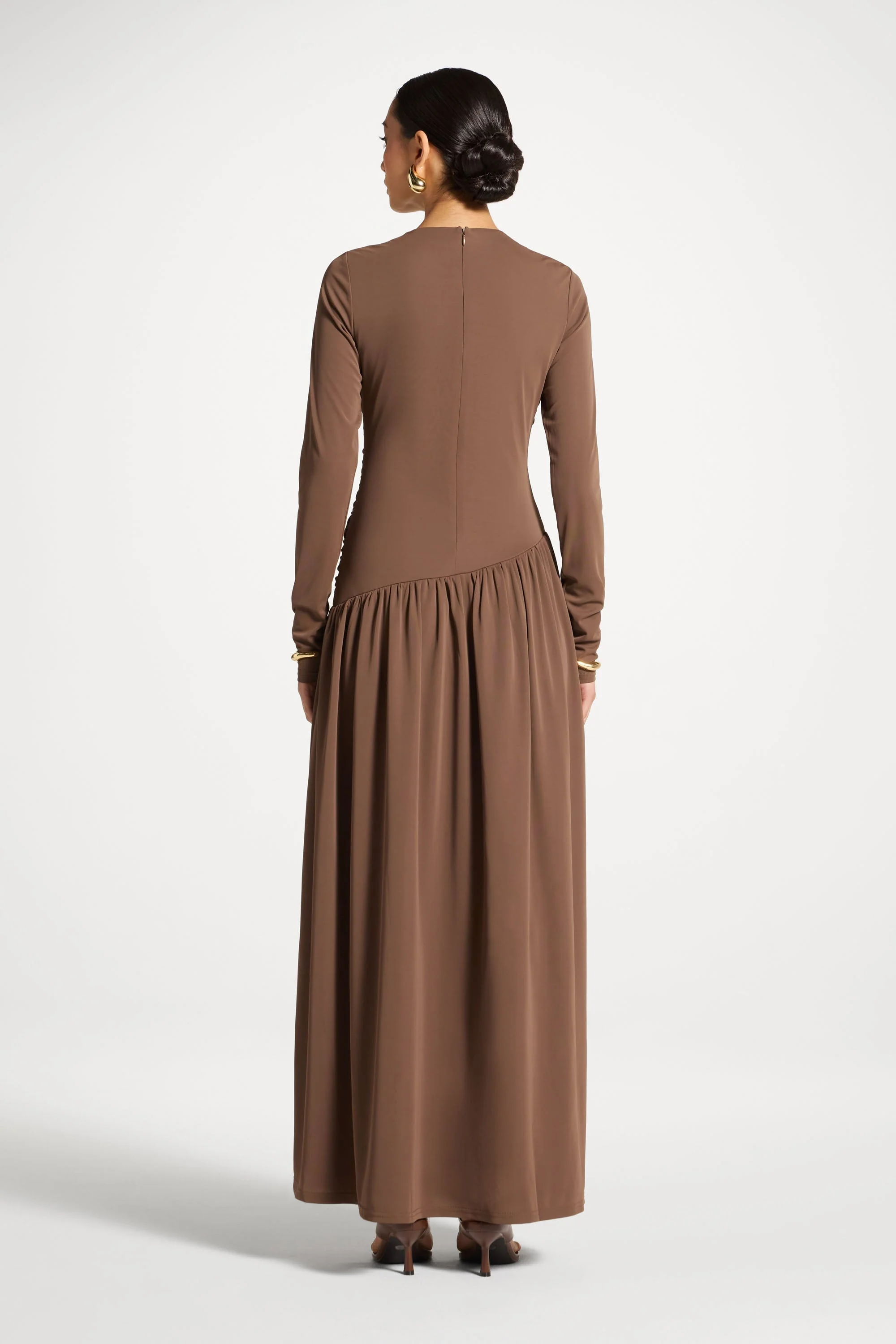 Asymmetrical Waist Rouched Maxi Dress - Coffee - Image 6