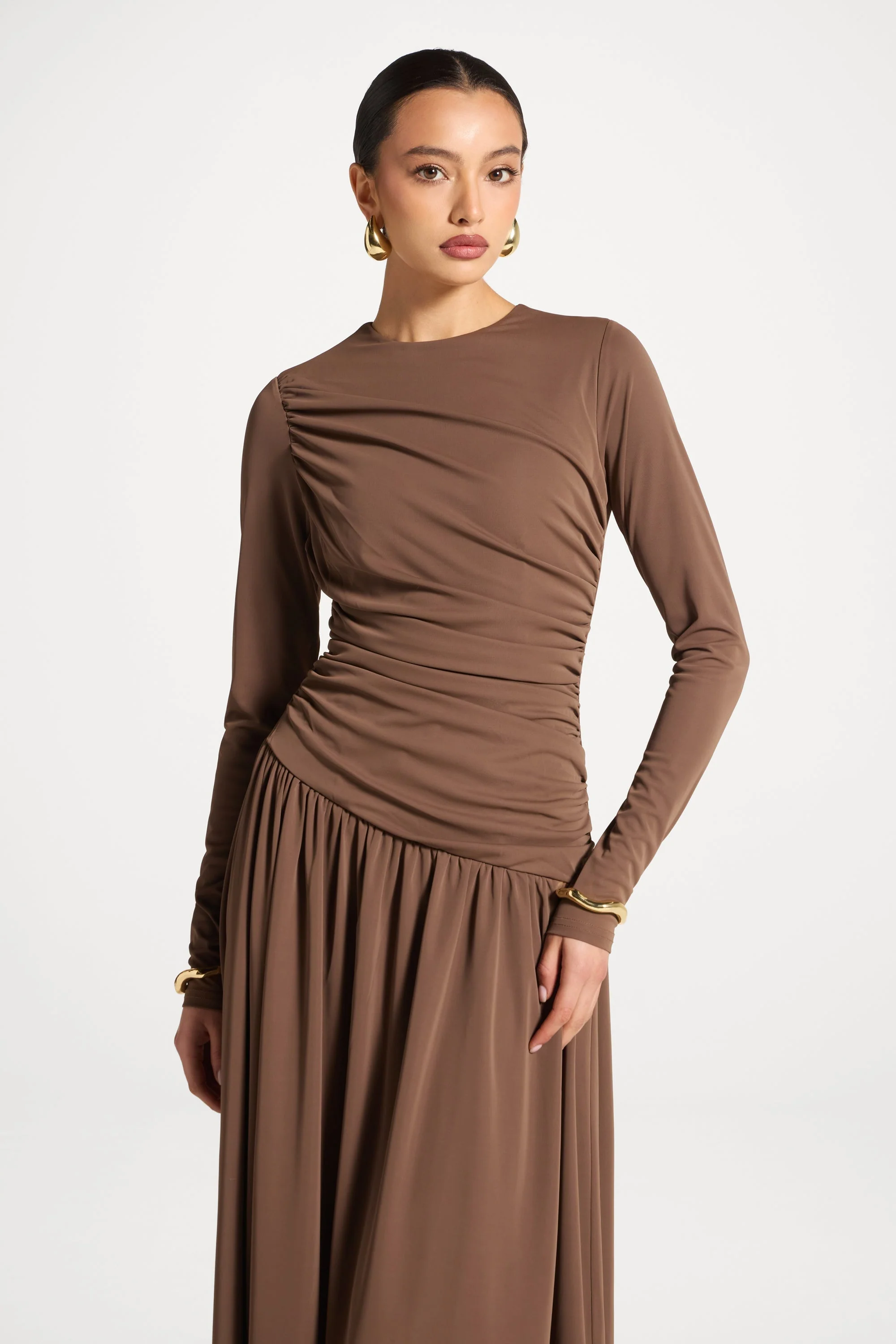 Asymmetrical Waist Rouched Maxi Dress - Coffee - Image 7