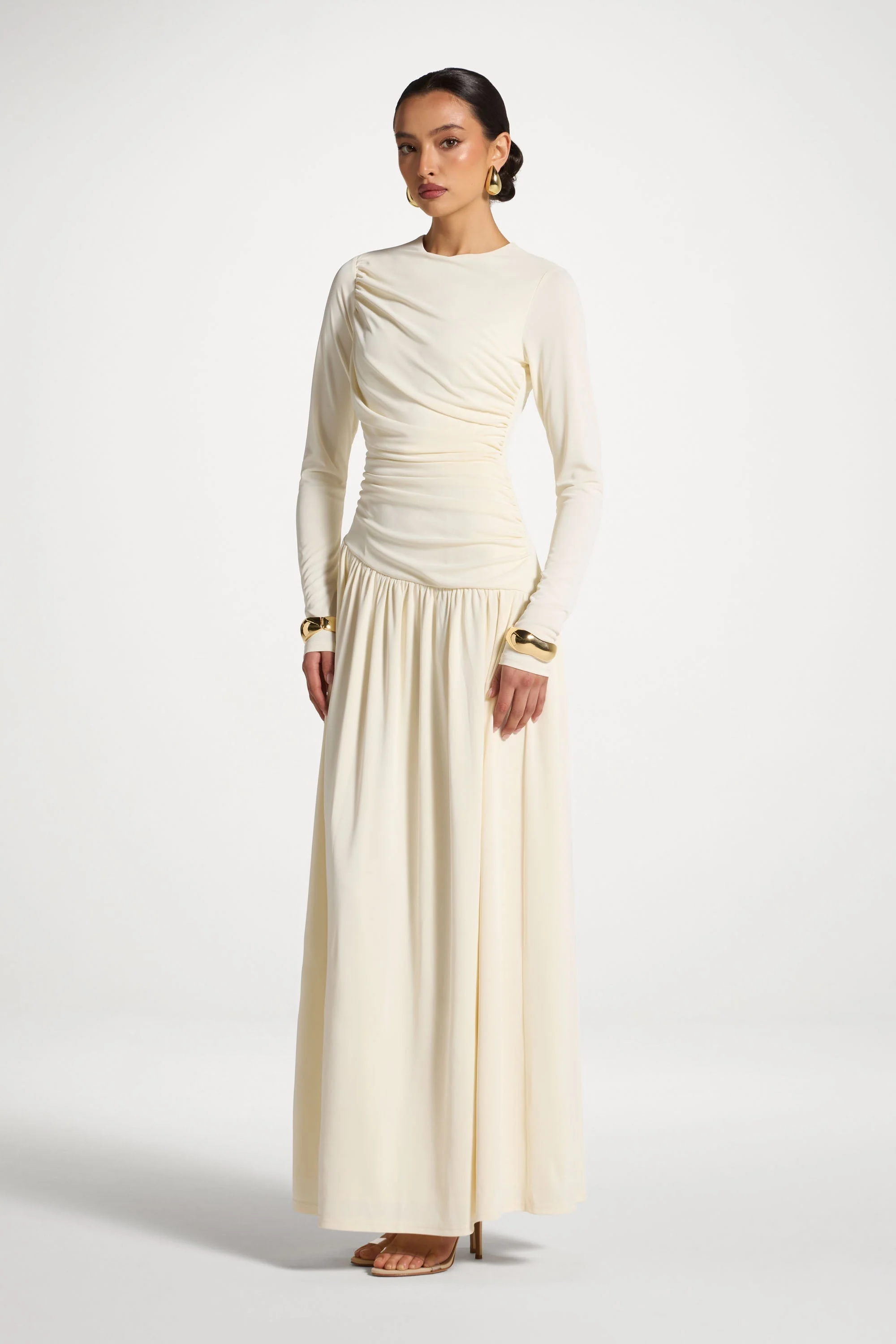 Asymmetrical Waist Rouched Maxi Dress - White - Image 3