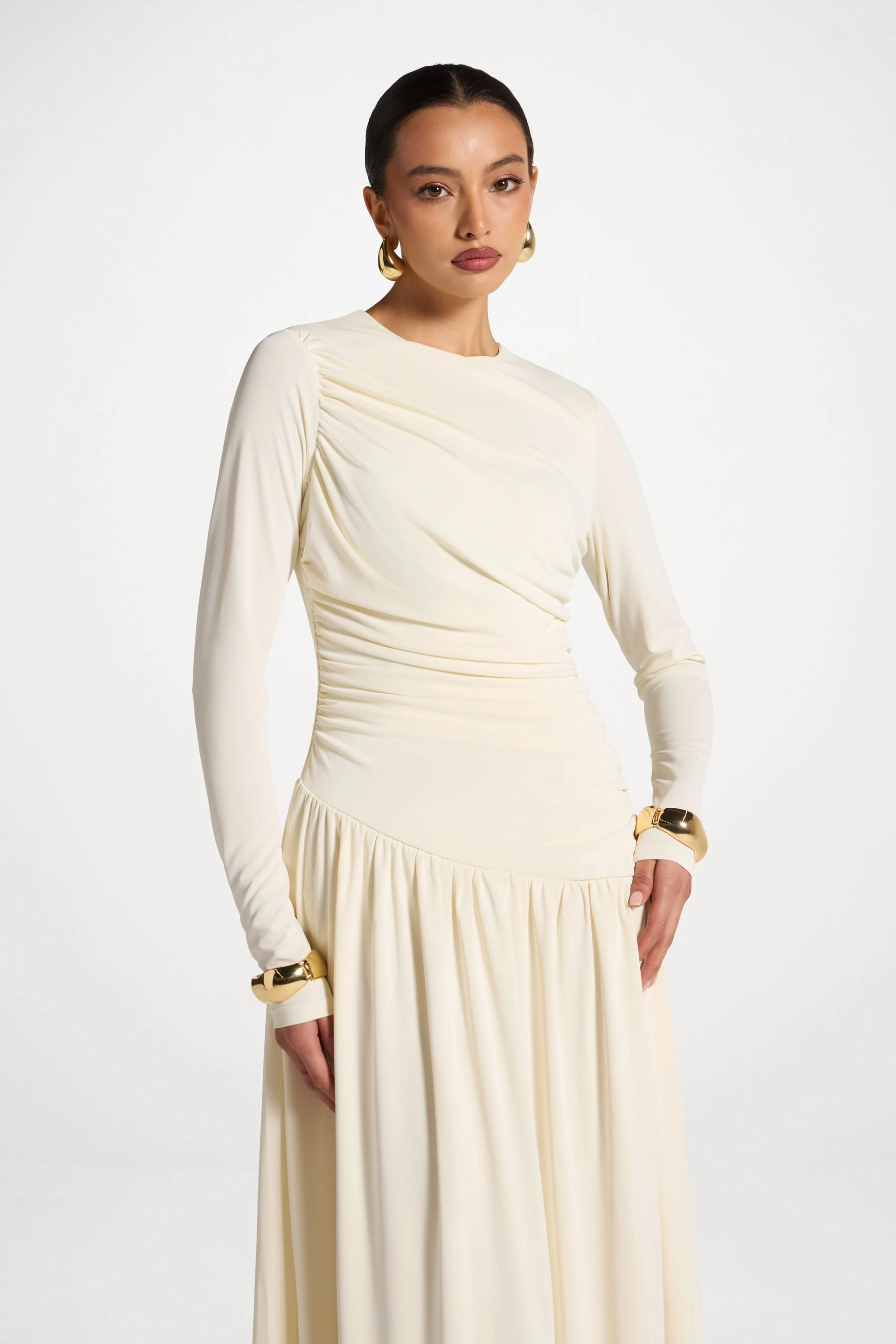 Asymmetrical Waist Rouched Maxi Dress - White - Image 4