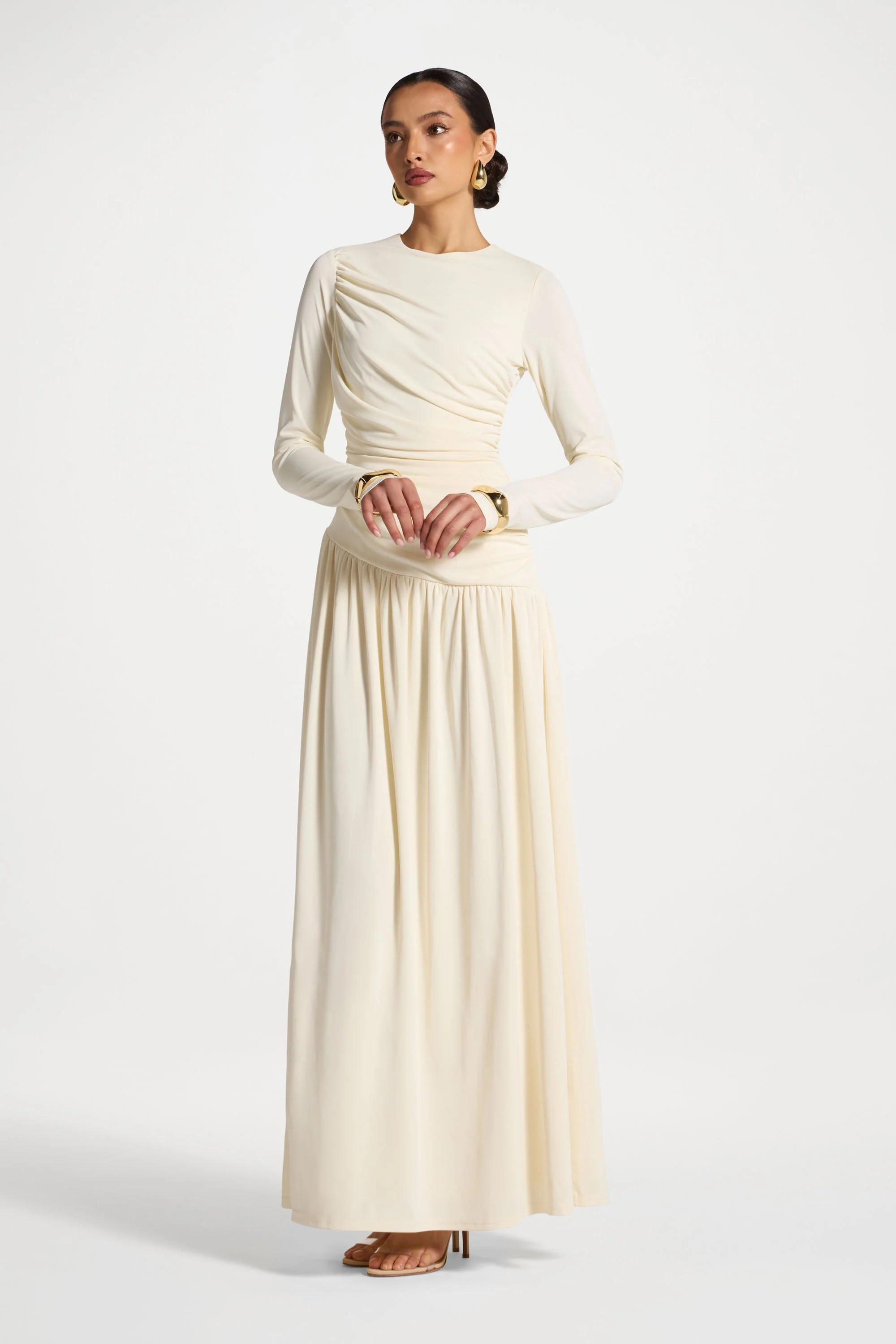 Asymmetrical Waist Rouched Maxi Dress - White - Image 5