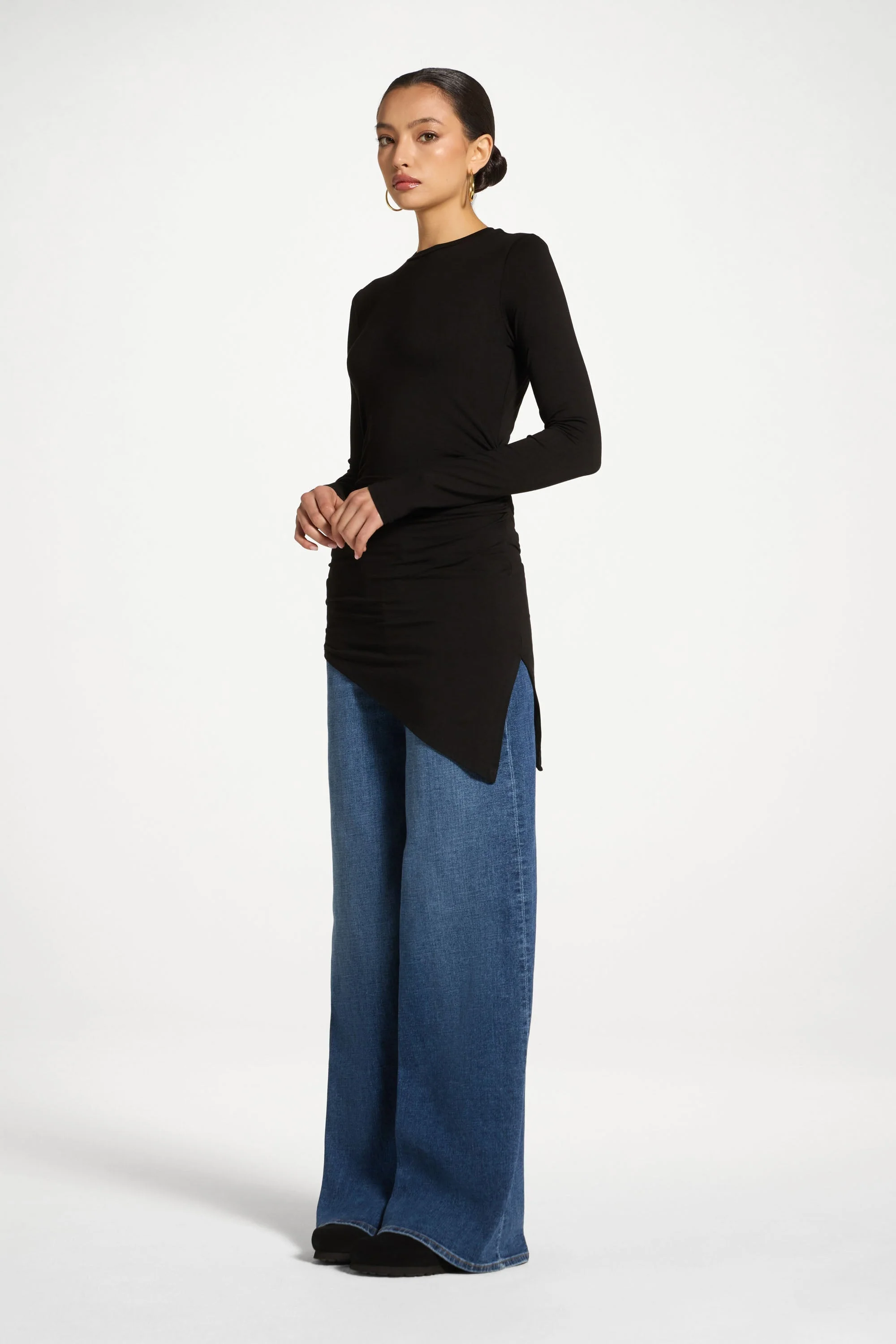 Asymmetric Rouched Bamboo Top - Black - Image 3