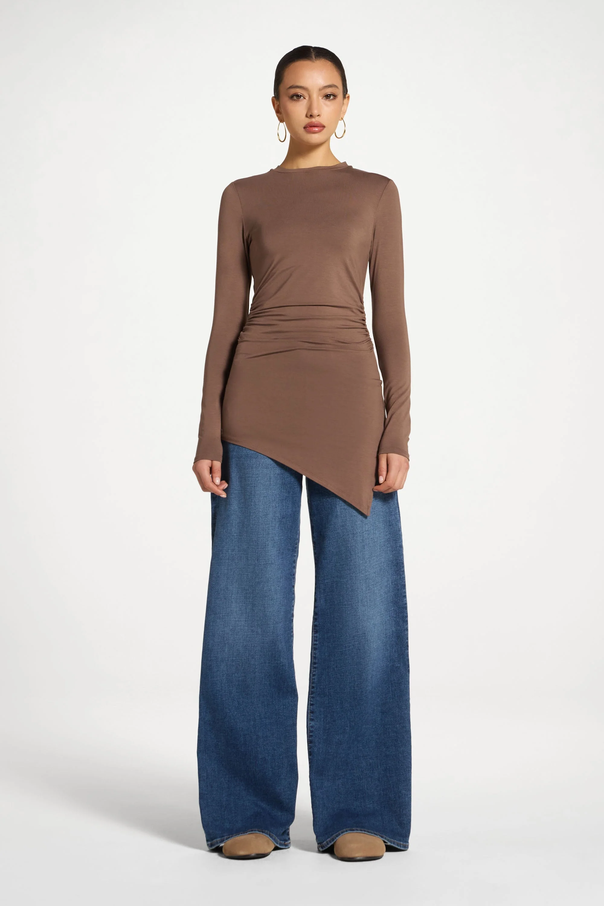 Asymmetric Rouched Bamboo Top - Chocolate