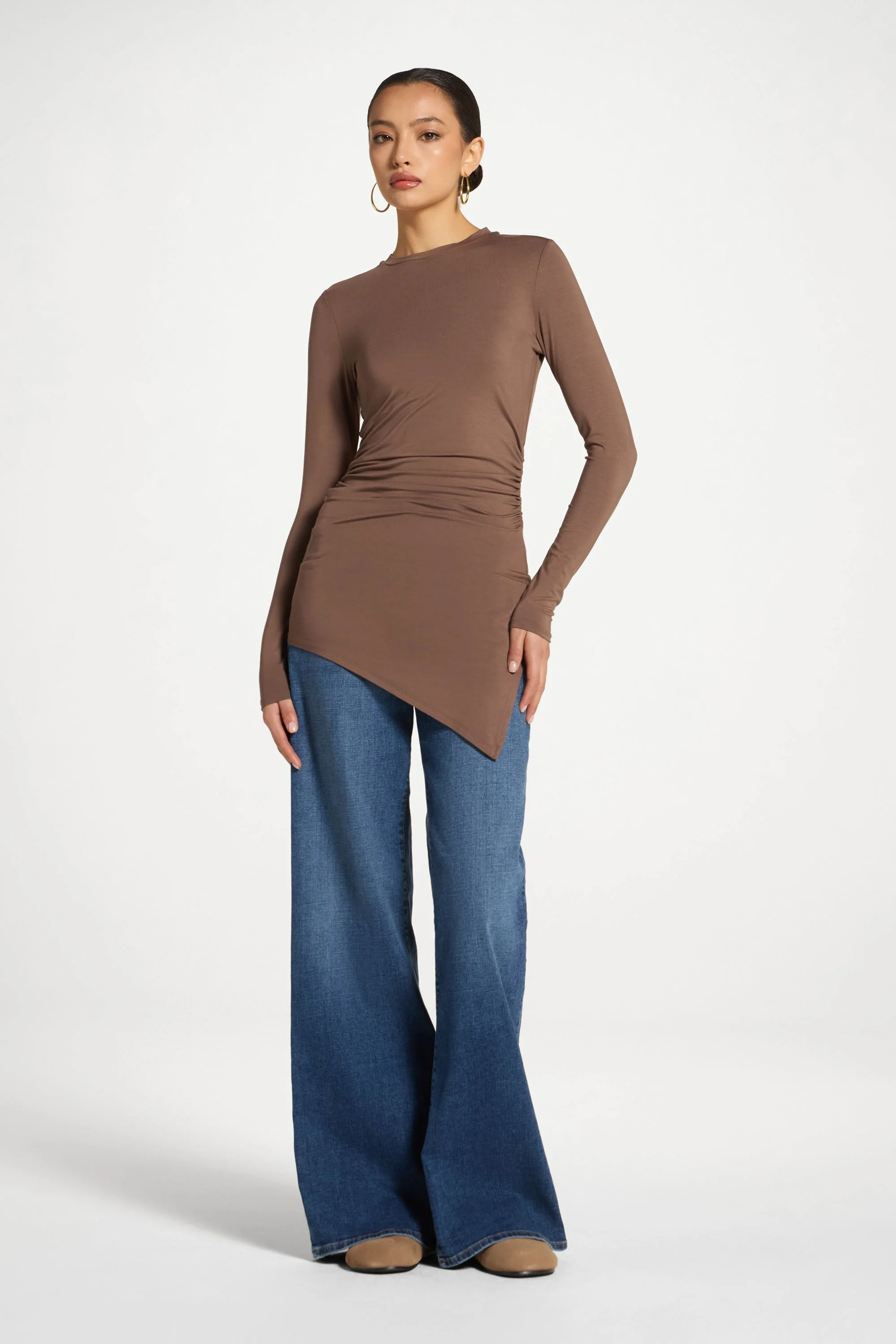 Asymmetric Rouched Bamboo Top - Chocolate - Image 3