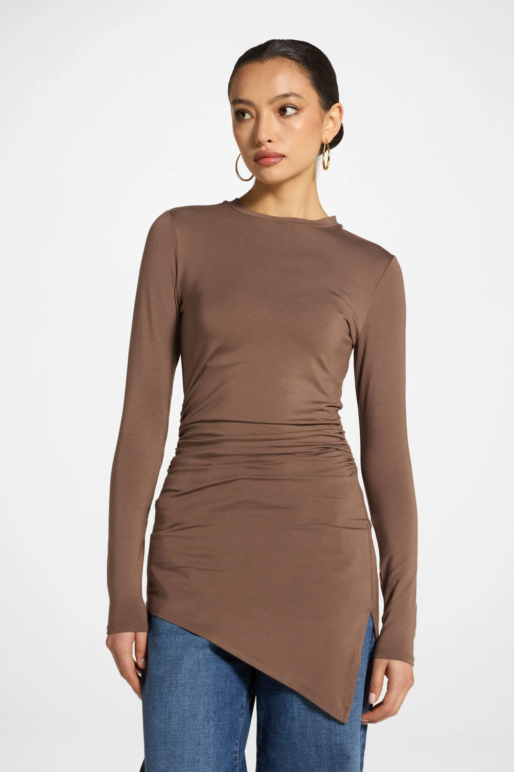 Asymmetric Rouched Bamboo Top - Chocolate - Image 4