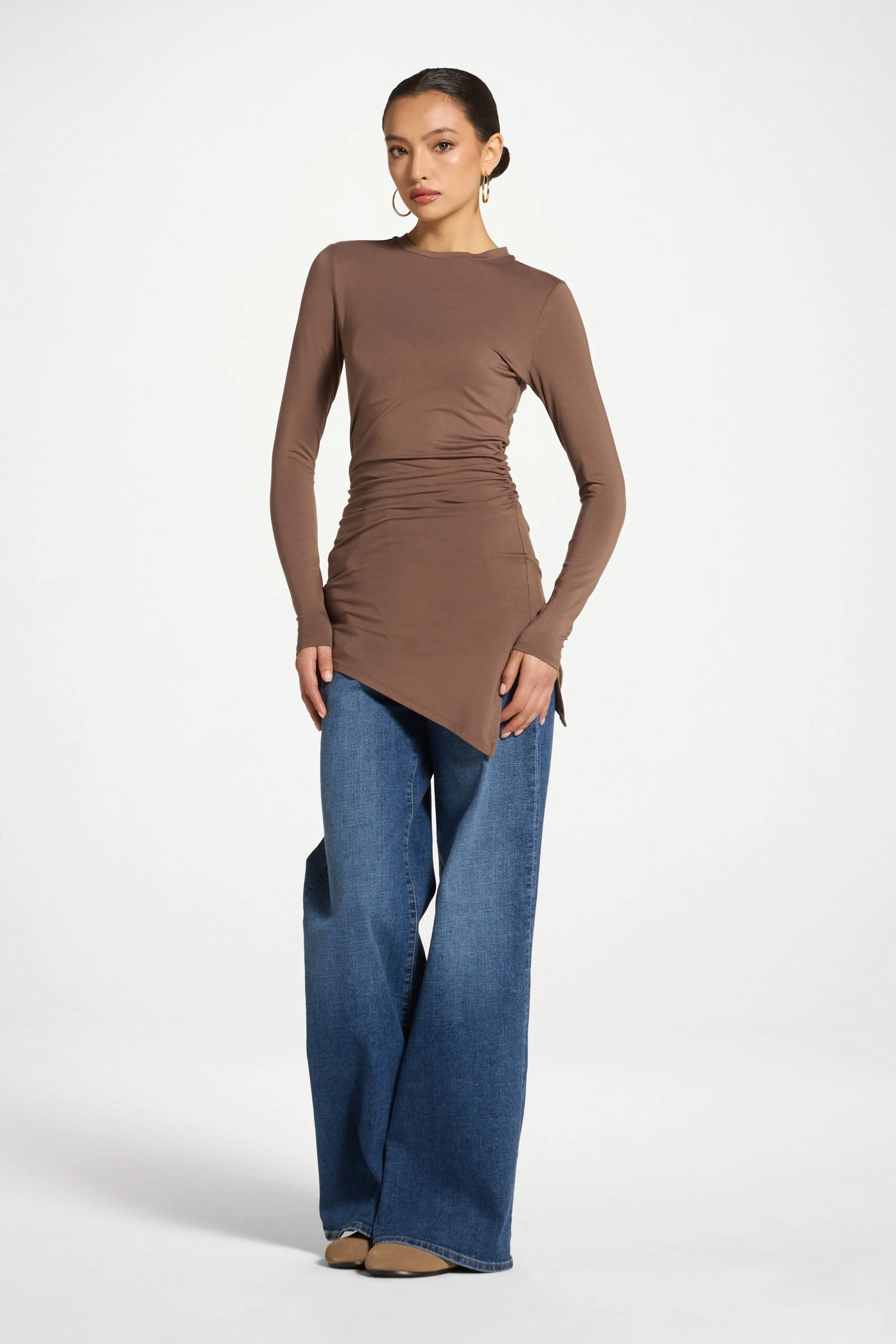 Asymmetric Rouched Bamboo Top - Chocolate - Image 7