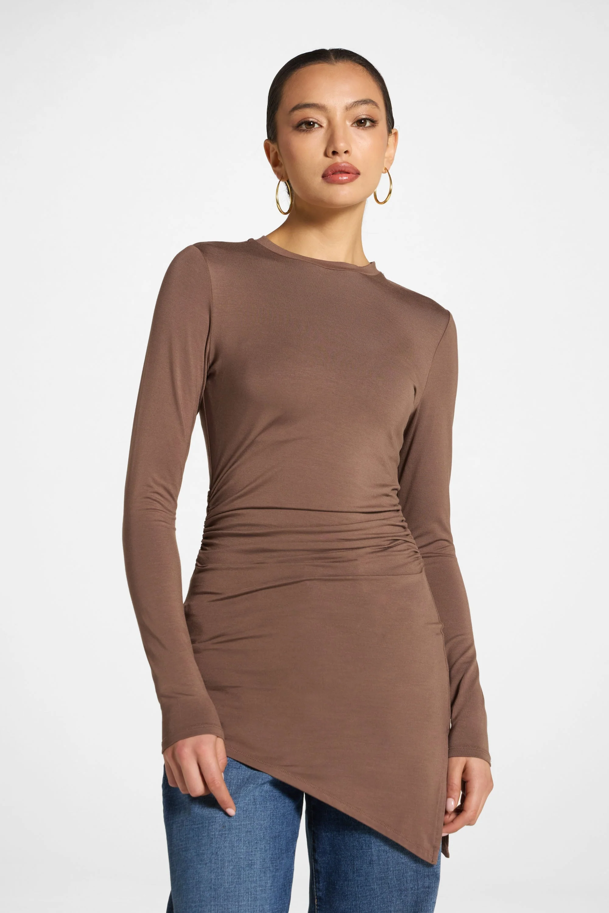 Asymmetric Rouched Bamboo Top - Chocolate - Image 9