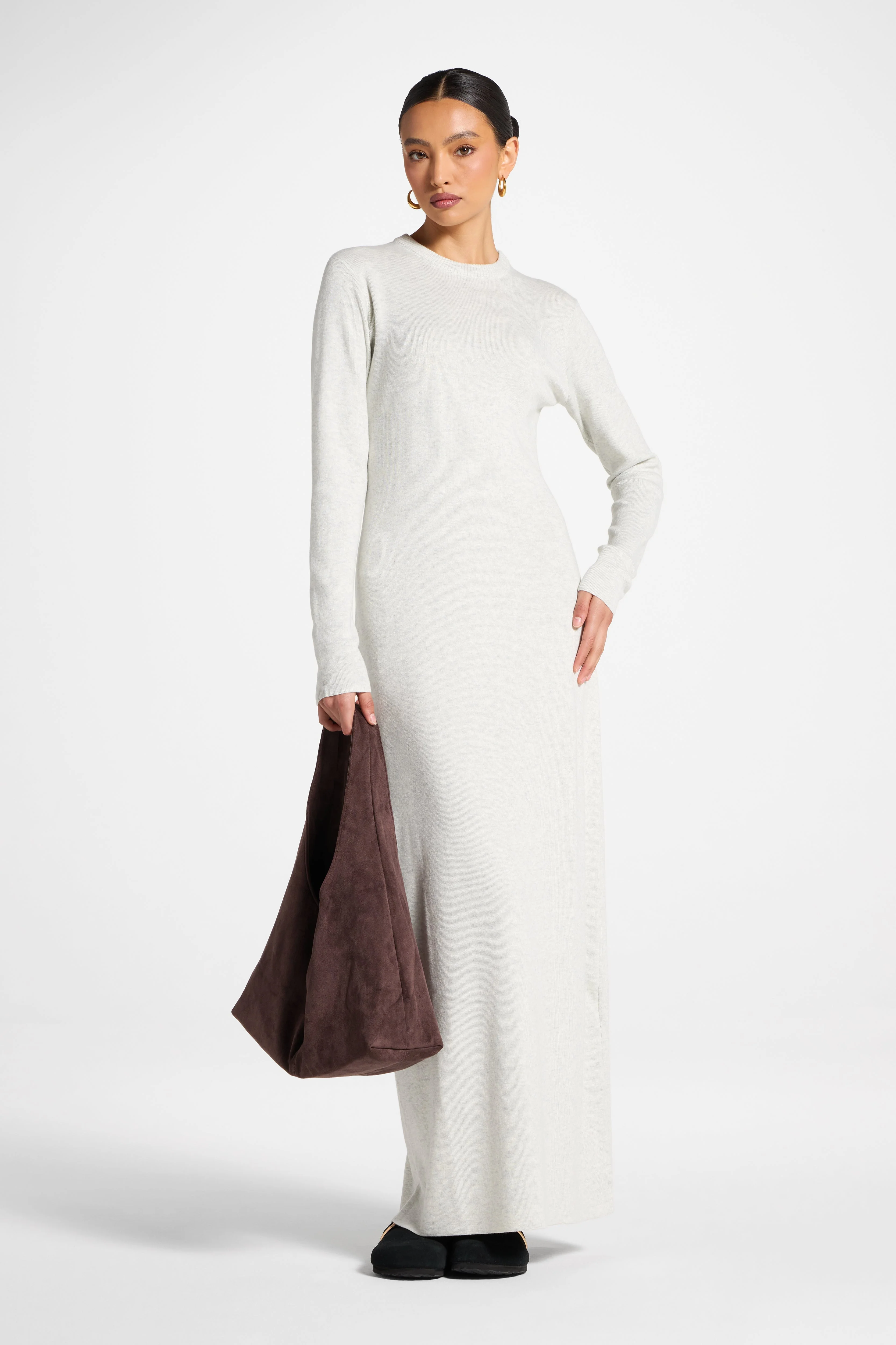 Basic Ribbed Knit Maxi Dress - Heather Grey - Image 3