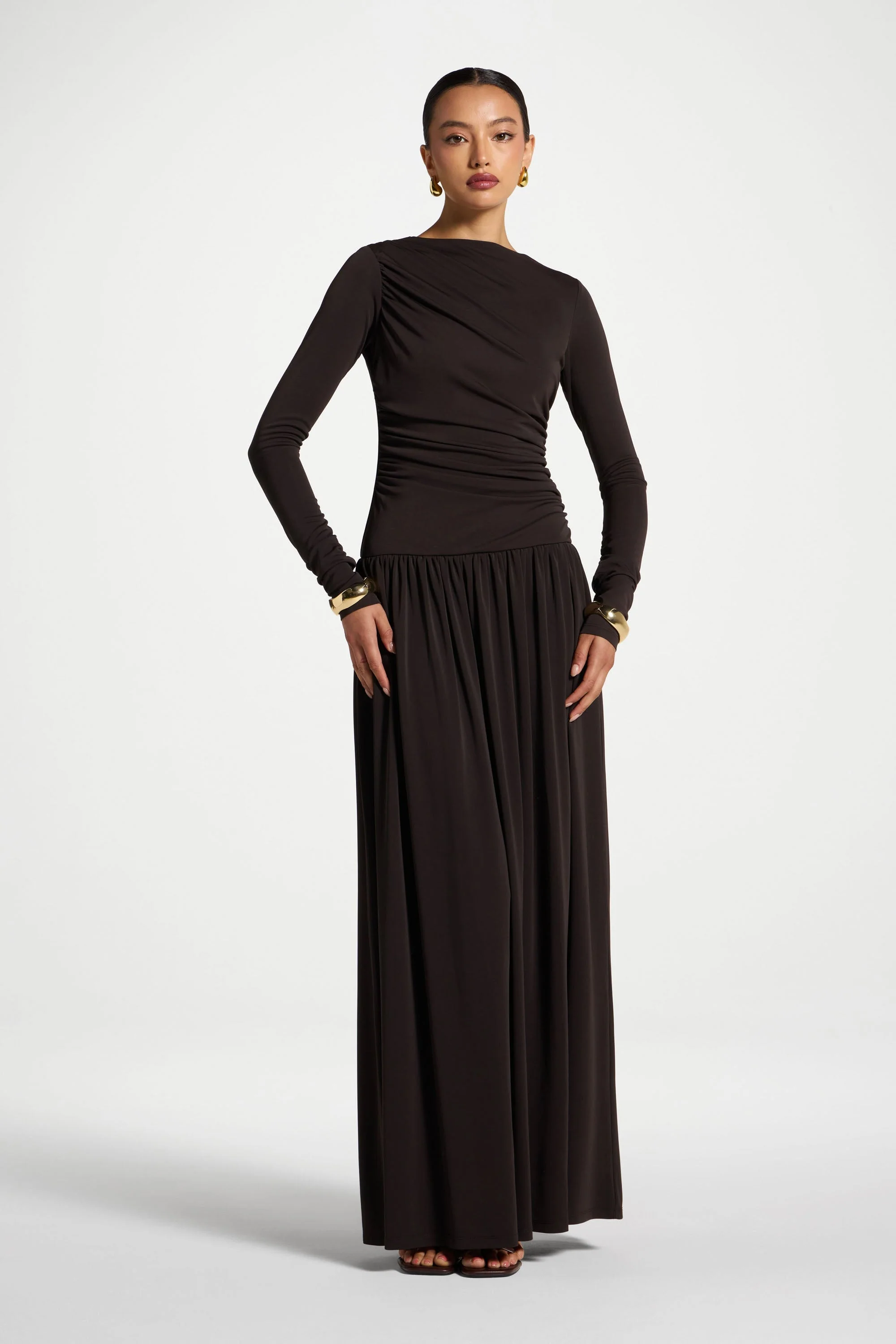 Boat Neck Rouched Maxi Dress - Chocolate Torte - Image 3