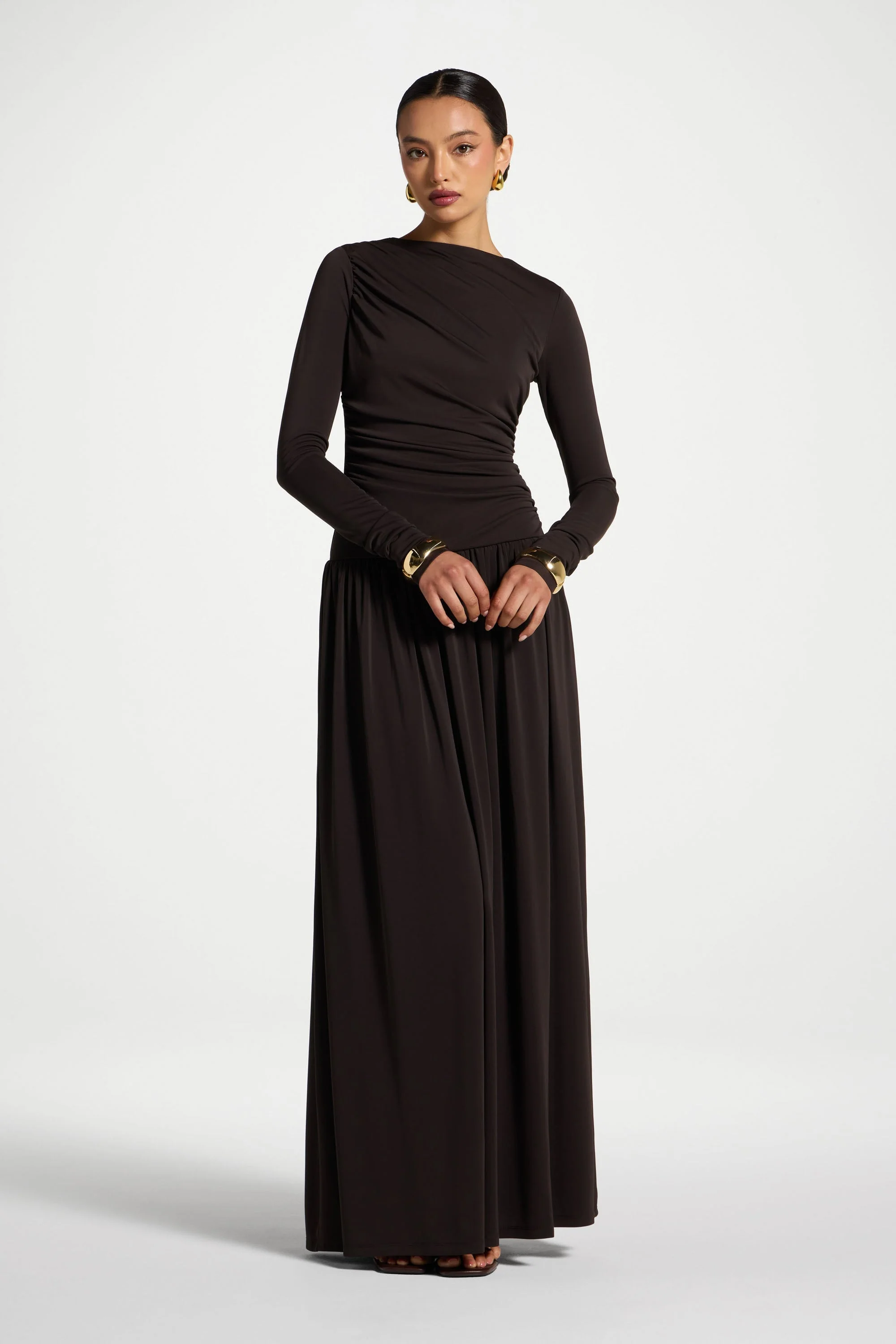 Boat Neck Rouched Maxi Dress - Chocolate Torte - Image 4
