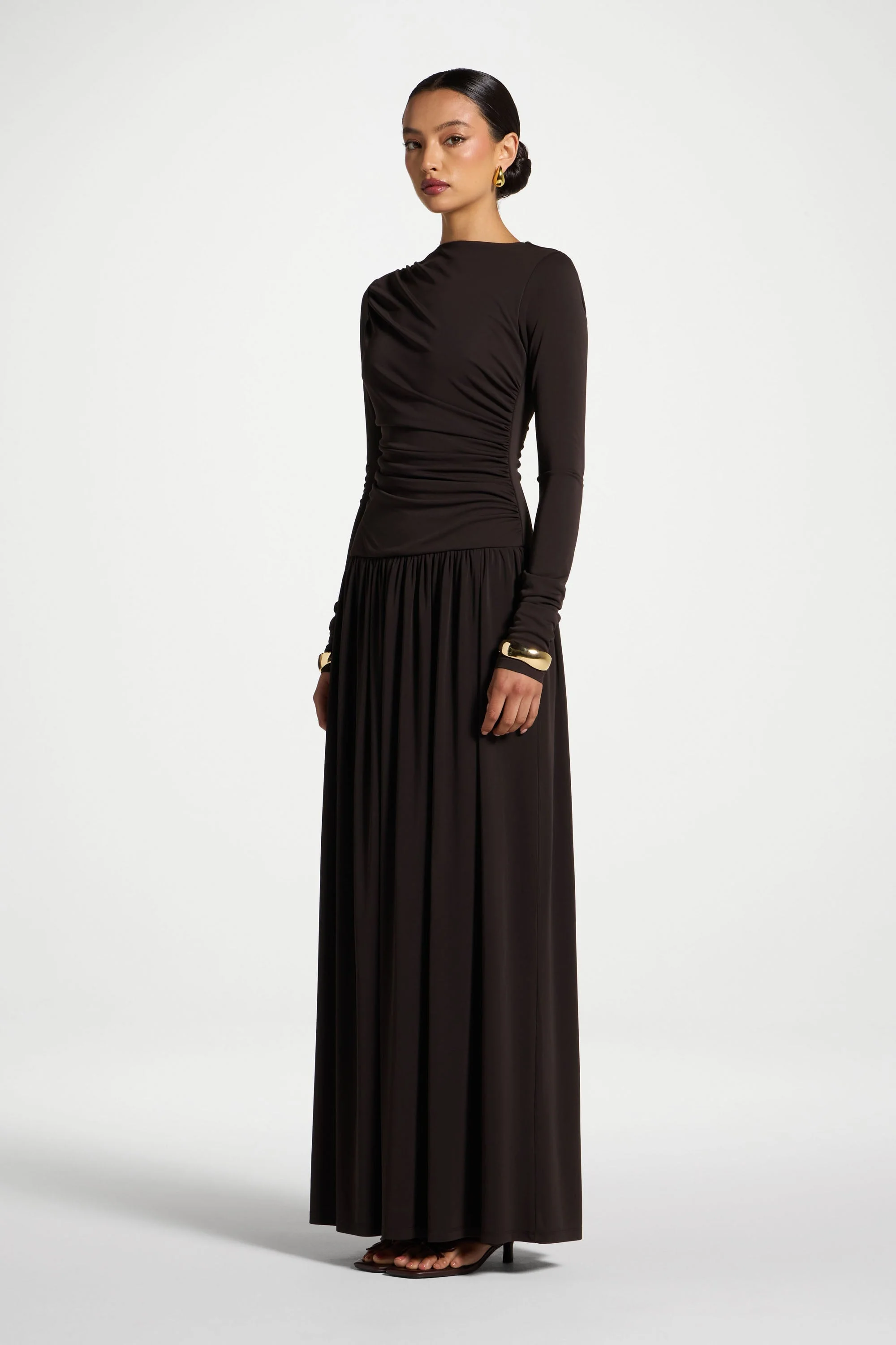 Boat Neck Rouched Maxi Dress - Chocolate Torte - Image 5
