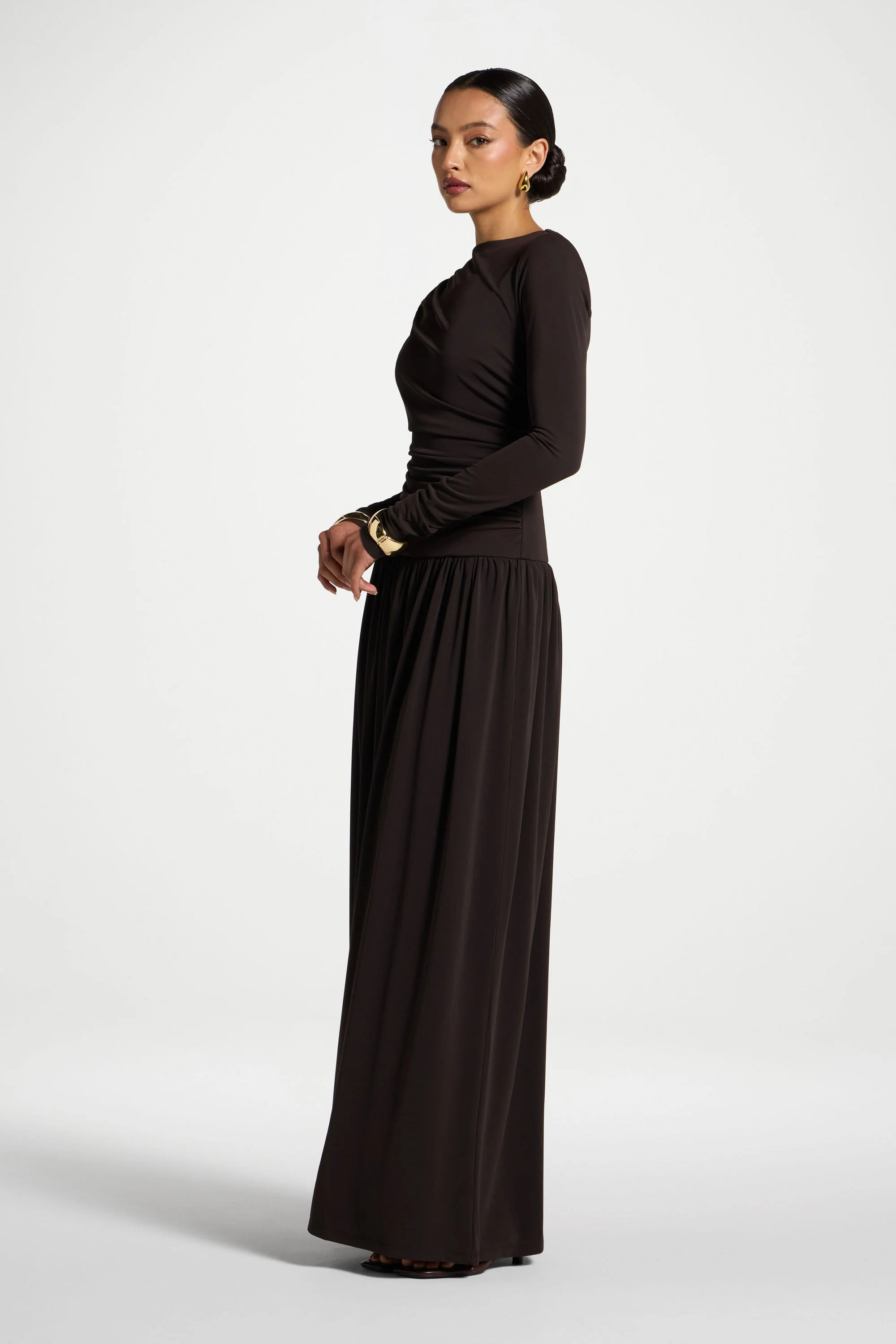 Boat Neck Rouched Maxi Dress - Chocolate Torte - Image 8