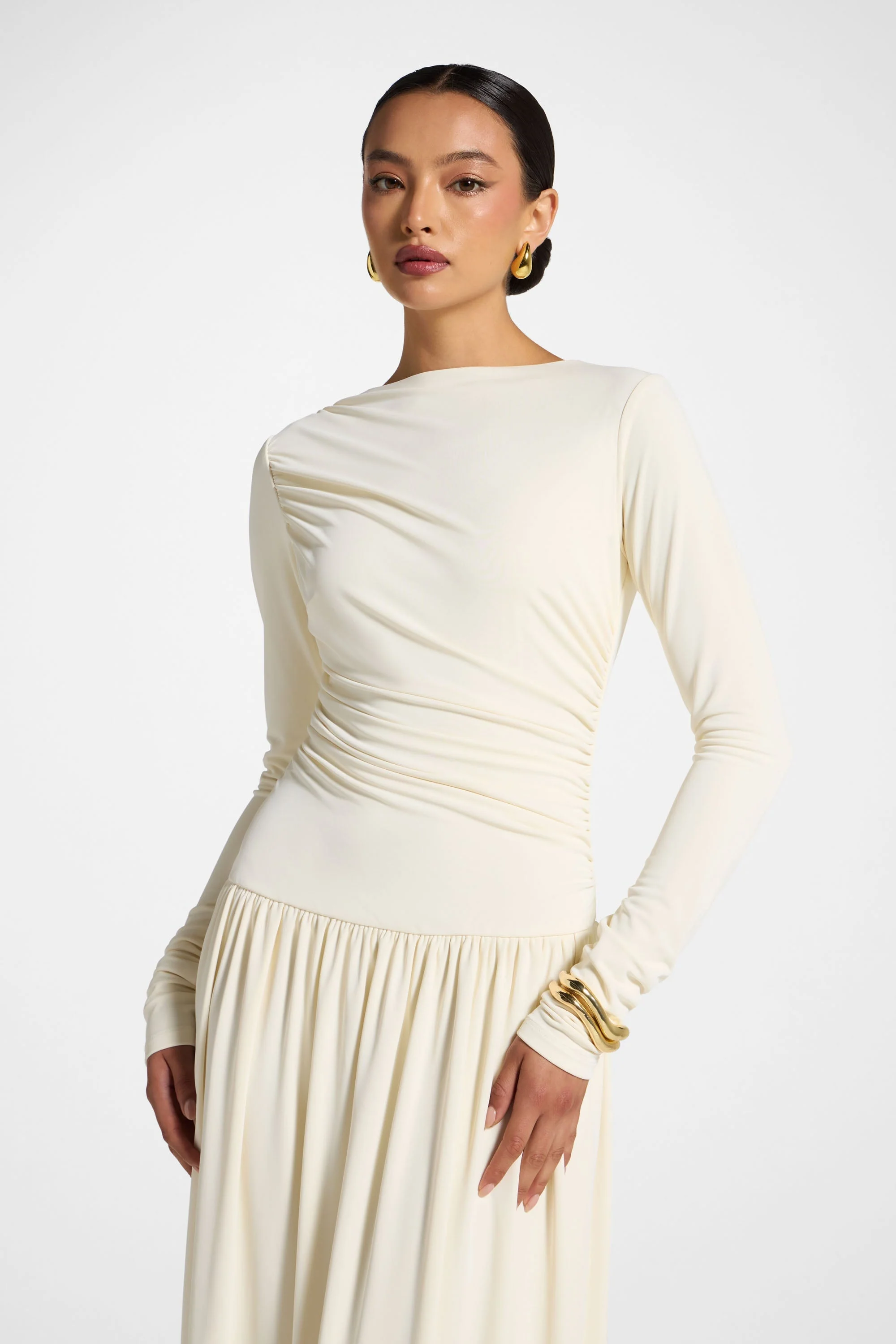 Boat Neck Rouched Maxi Dress - Ivory - Image 5