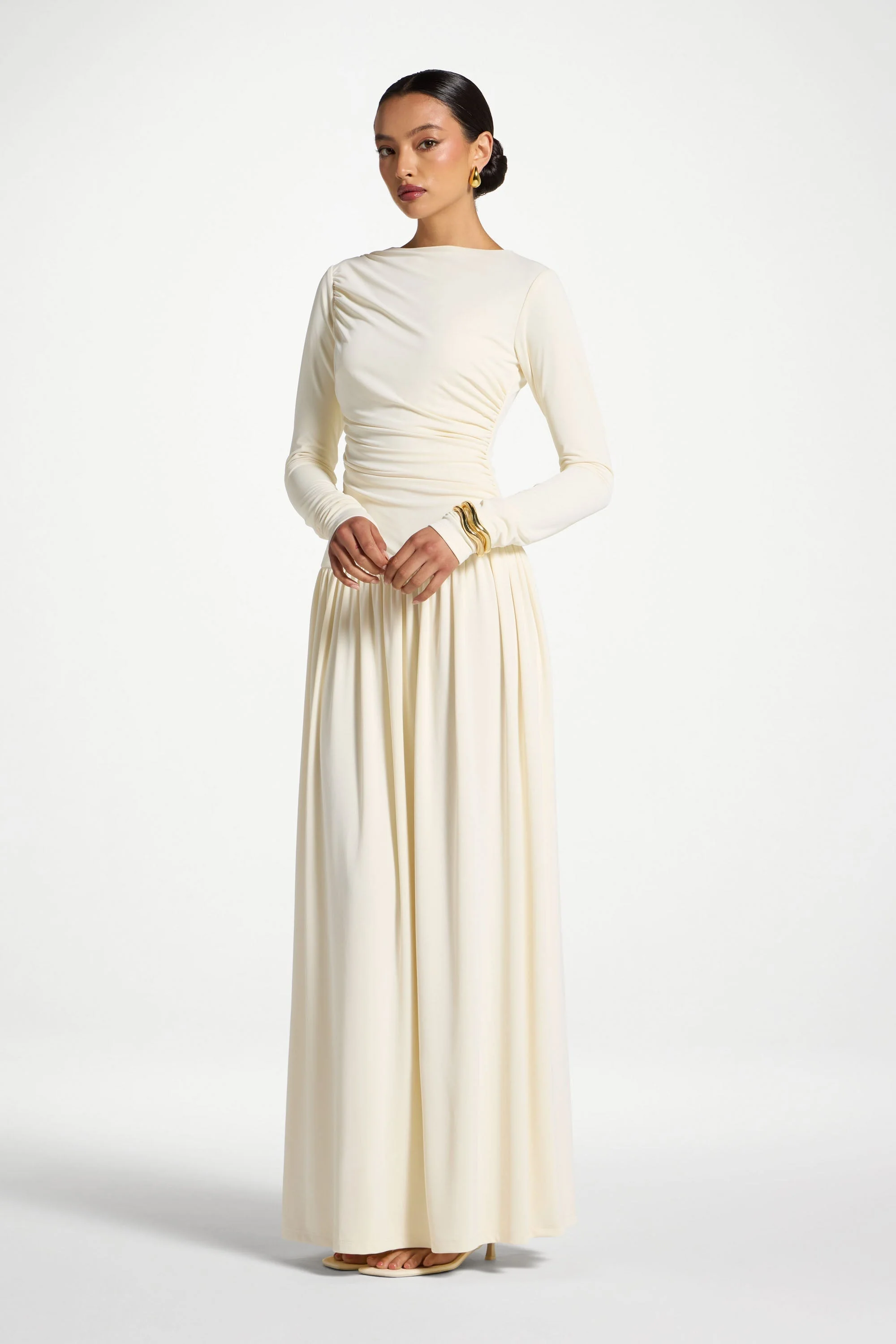 Boat Neck Rouched Maxi Dress - Ivory - Image 6