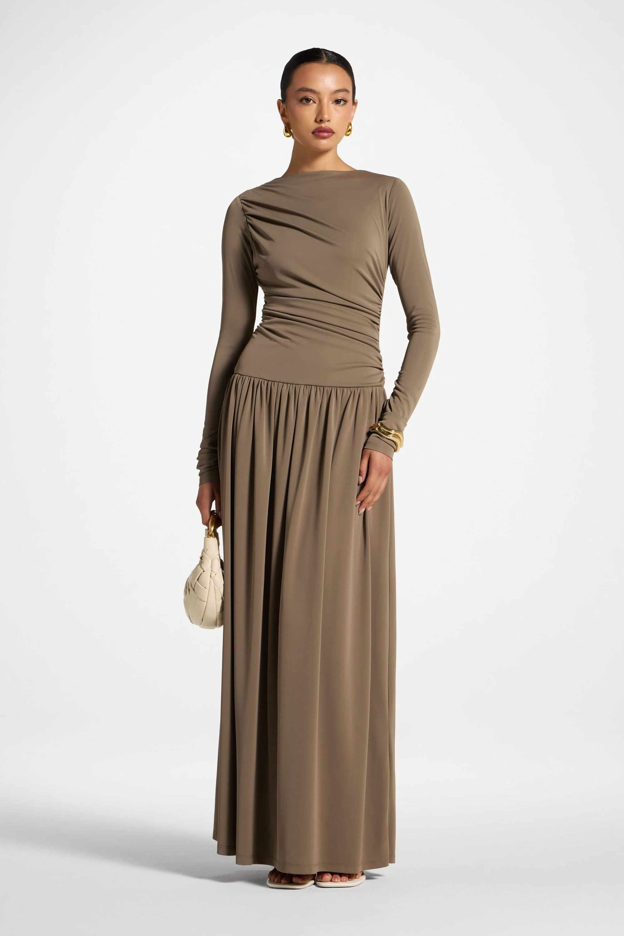 Boat Neck Rouched Maxi Dress - Vetiver