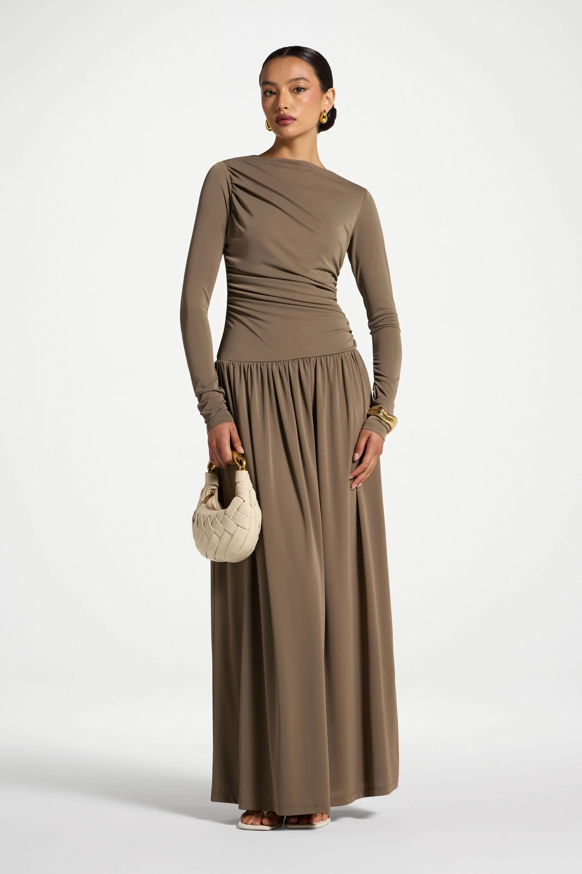 Boat Neck Rouched Maxi Dress - Vetiver - Image 2