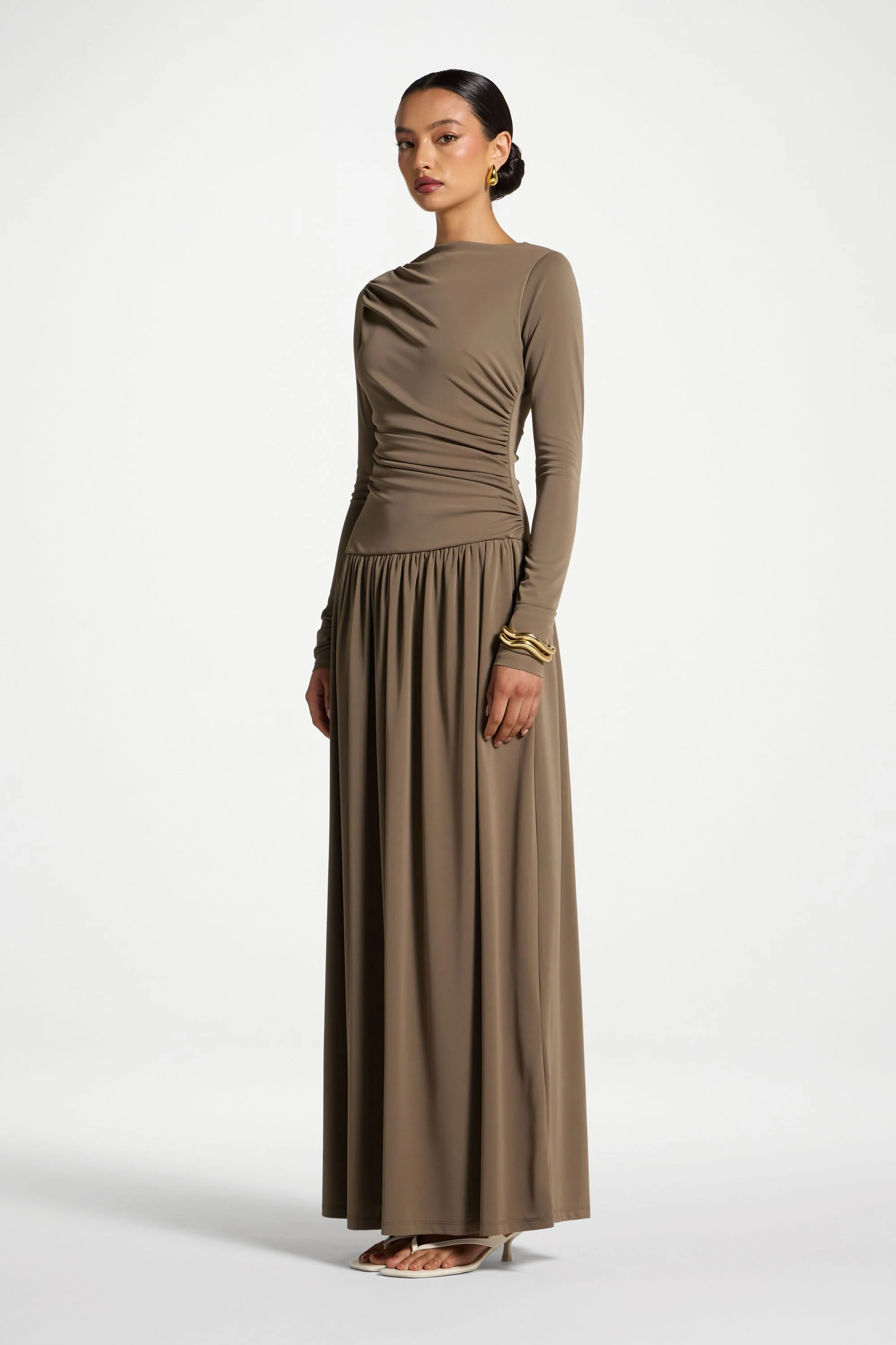 Boat Neck Rouched Maxi Dress - Vetiver - Image 4