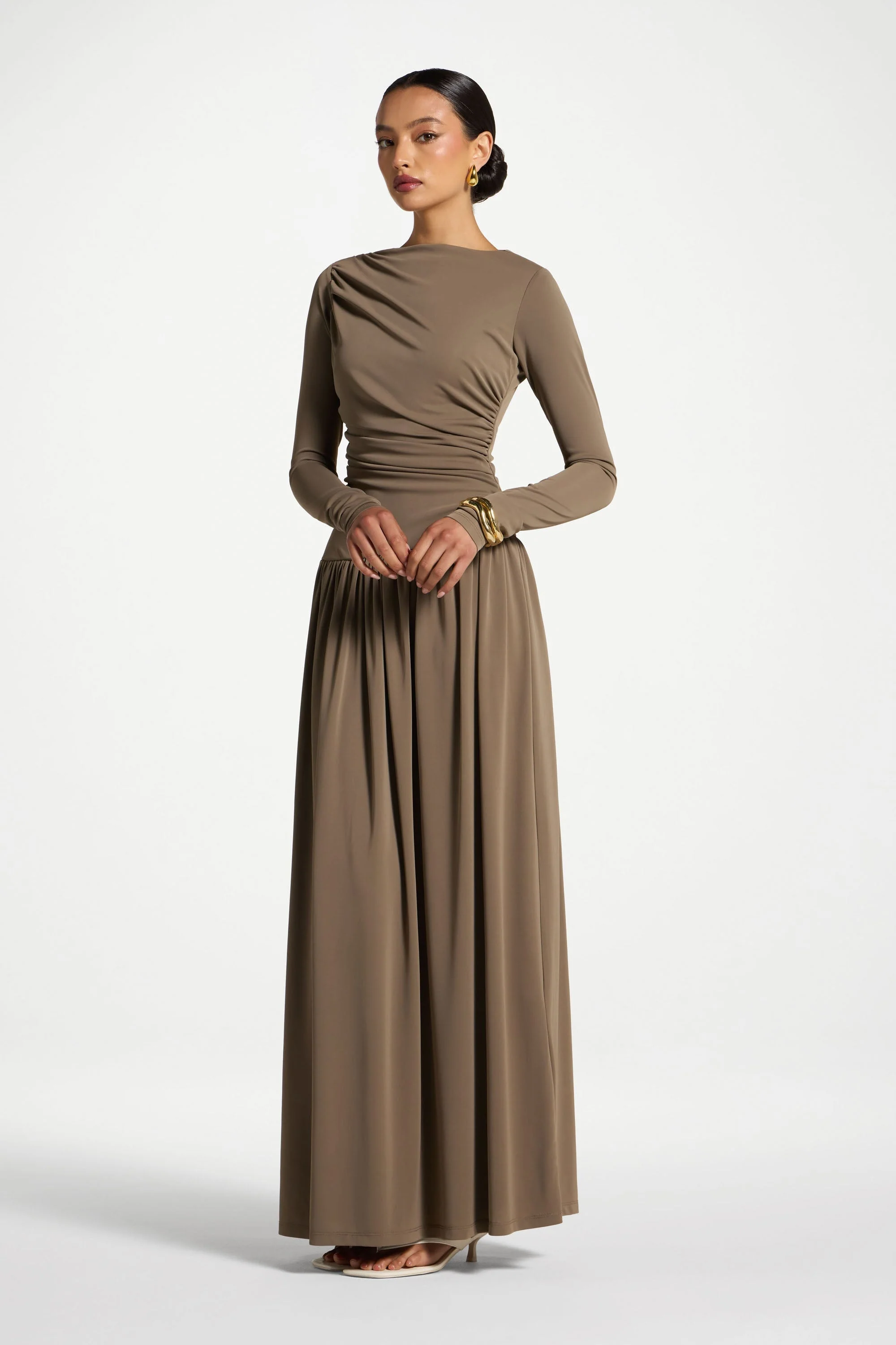 Boat Neck Rouched Maxi Dress - Vetiver - Image 5