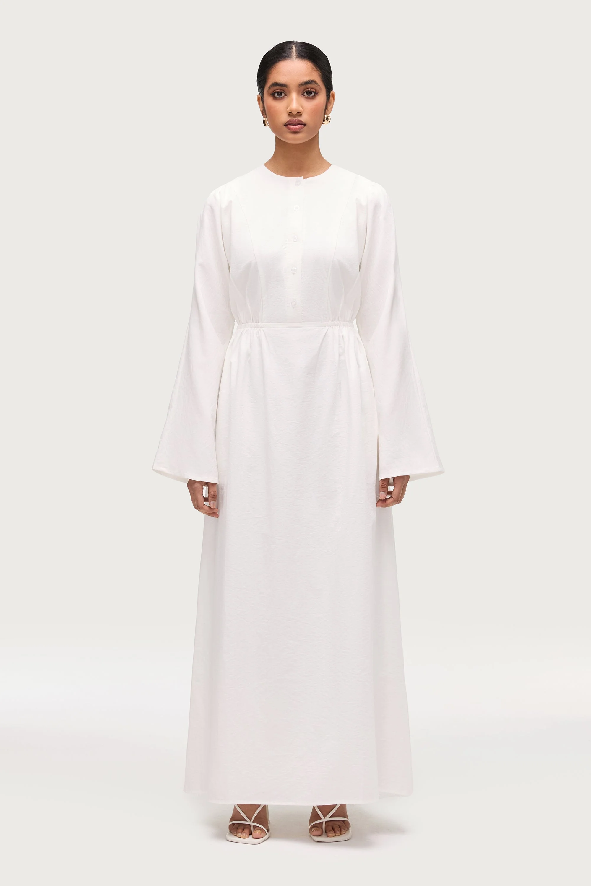 Cotton Blend Button Front Maxi Dress - White - Image 3