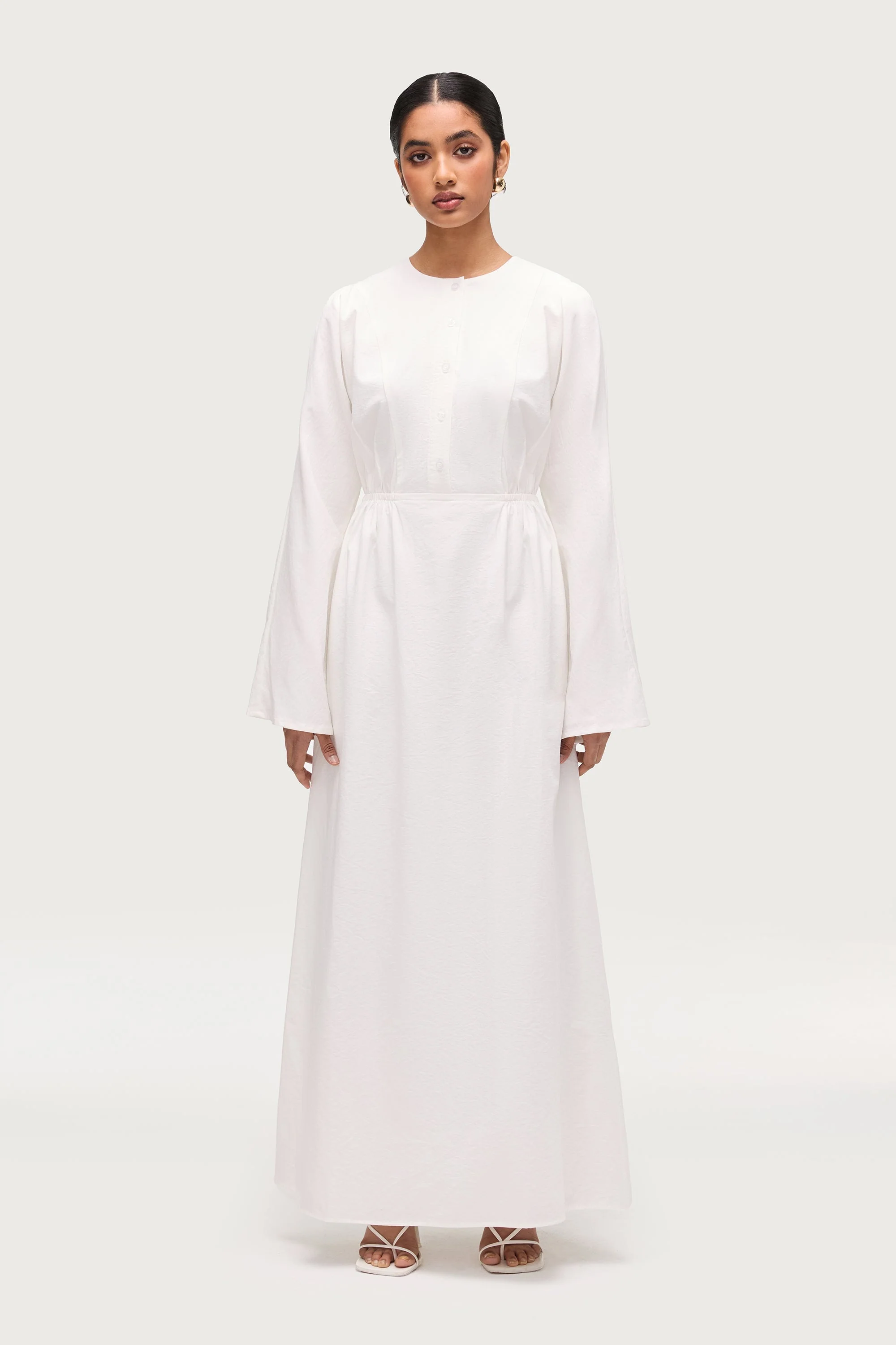 Cotton Blend Button Front Maxi Dress - White - Image 4