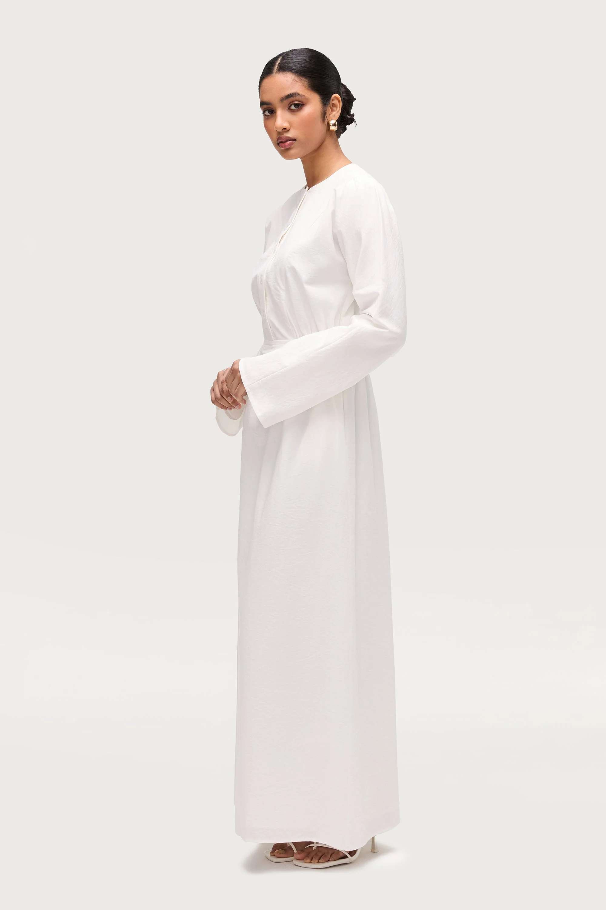 Cotton Blend Button Front Maxi Dress - White - Image 5