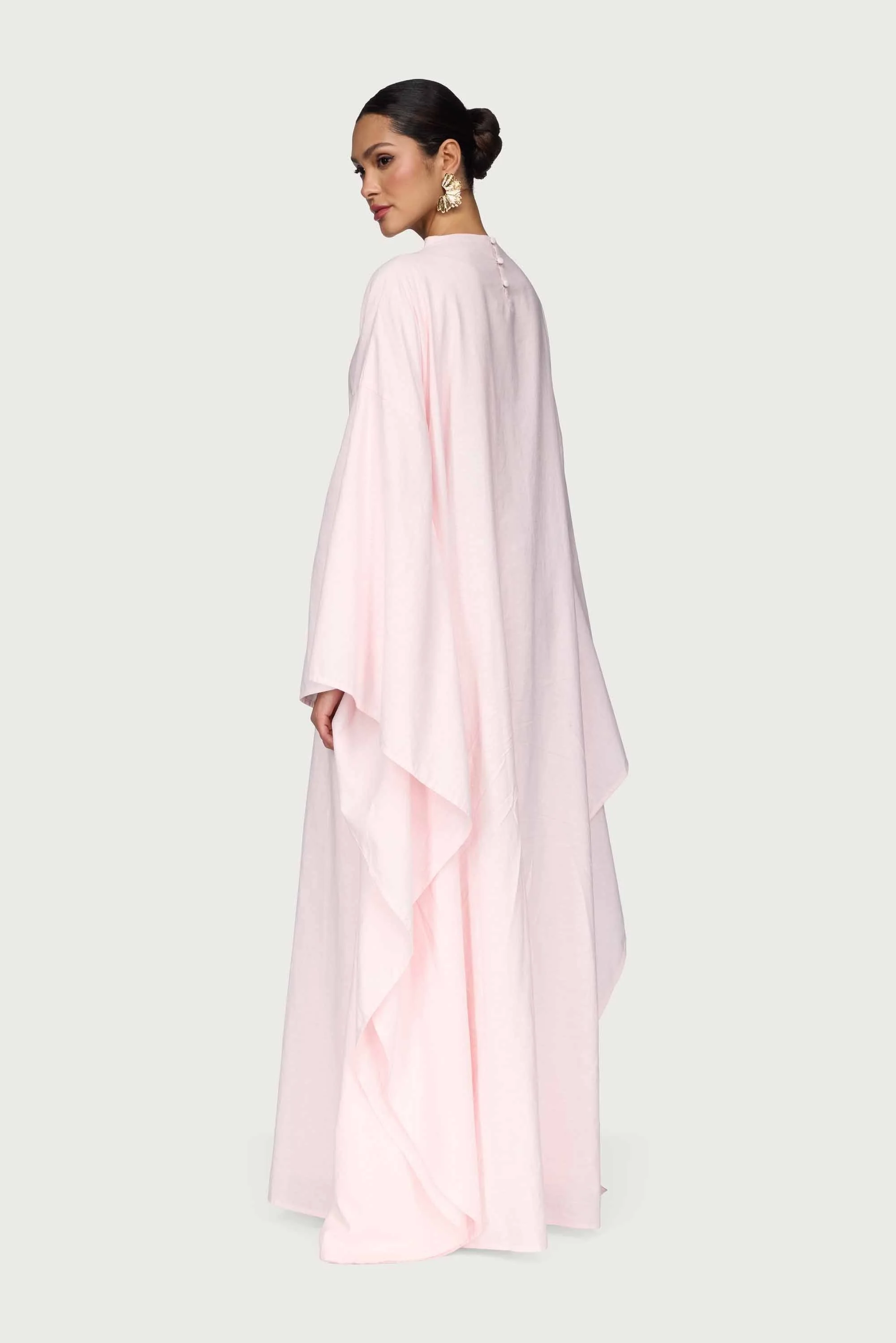 Cotton Linen Butterfly Inner Tie Abaya Dress - Hint of Pink - Image 5