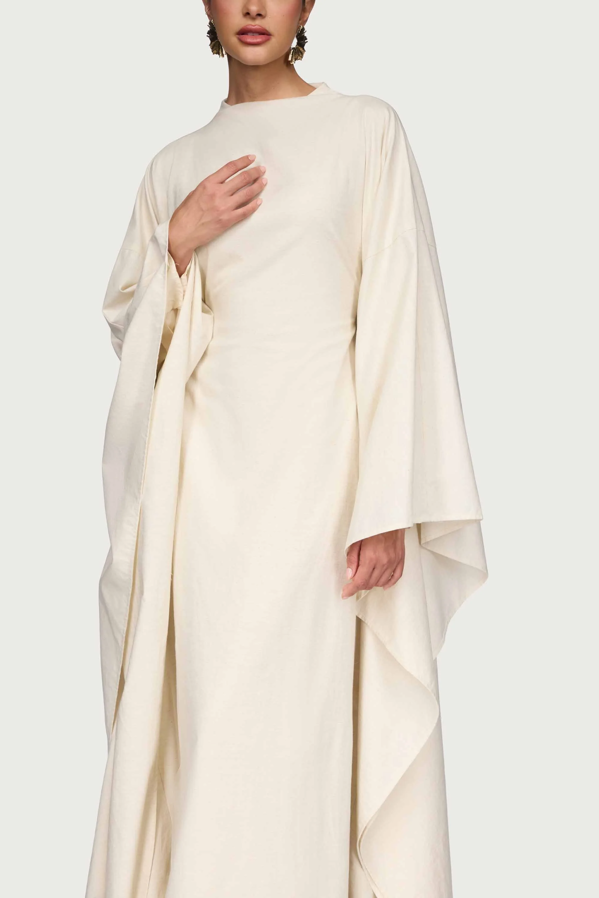 Cotton Linen Butterfly Inner Tie Abaya Dress - Oatmeal - Image 3