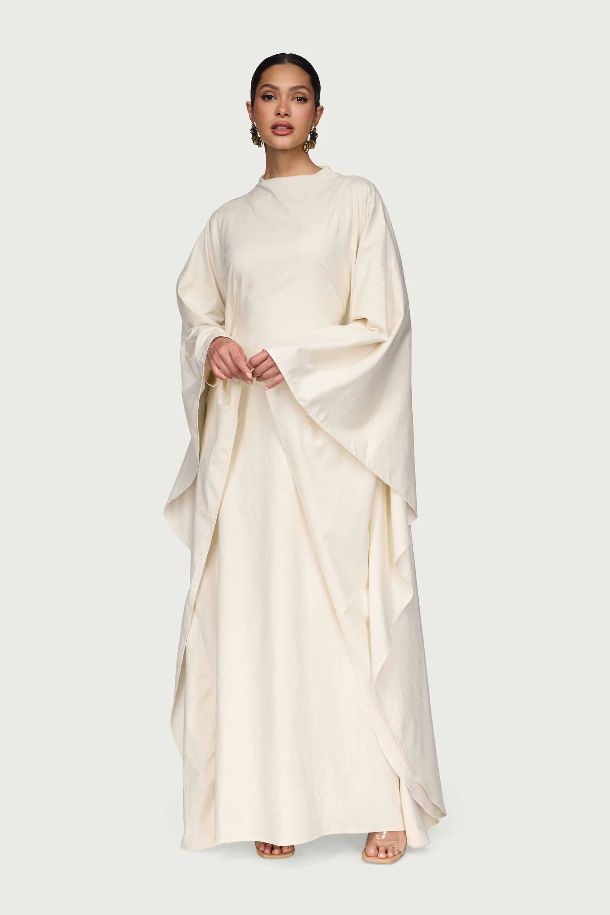 Cotton Linen Butterfly Inner Tie Abaya Dress - Oatmeal - Image 4