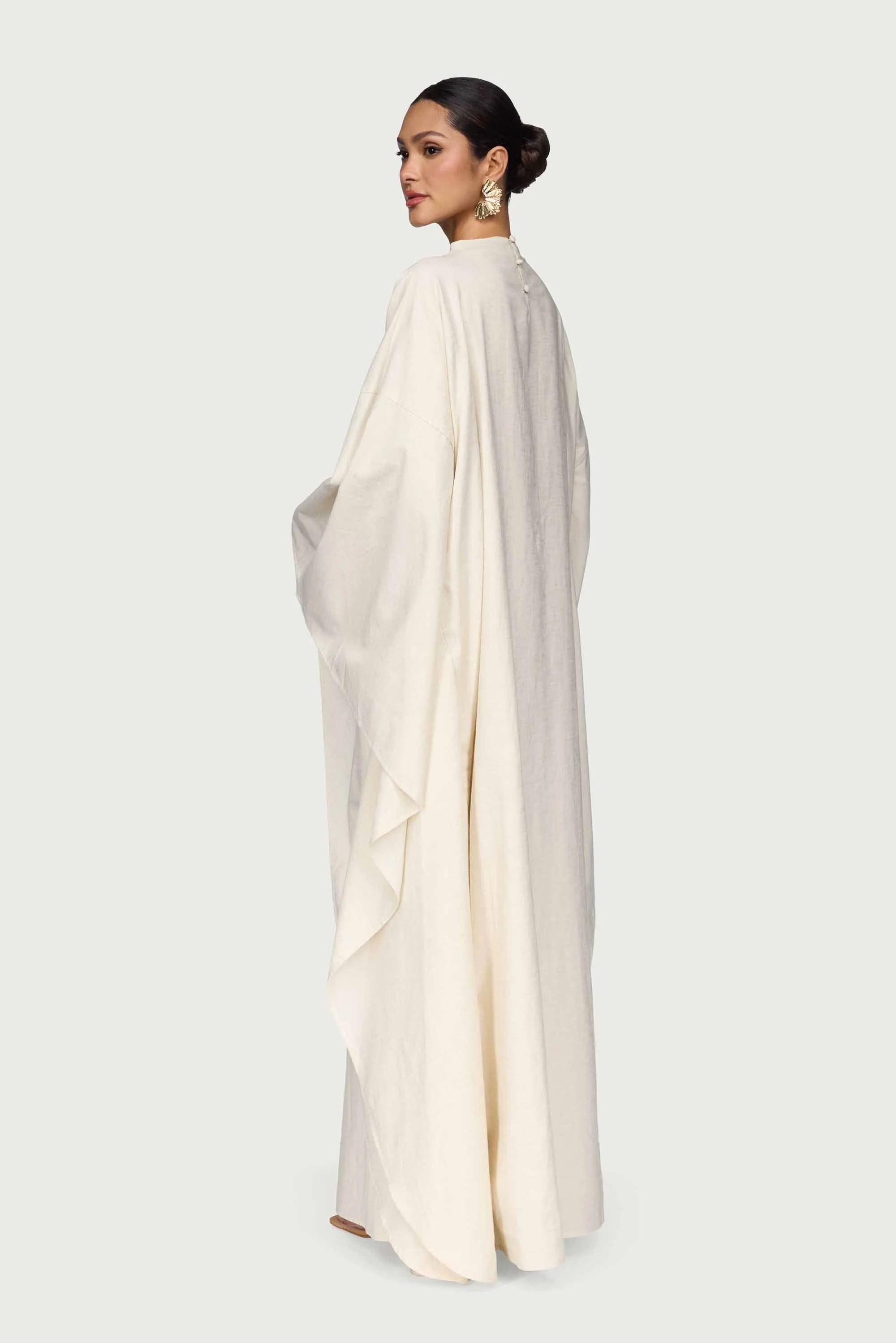 Cotton Linen Butterfly Inner Tie Abaya Dress - Oatmeal - Image 5