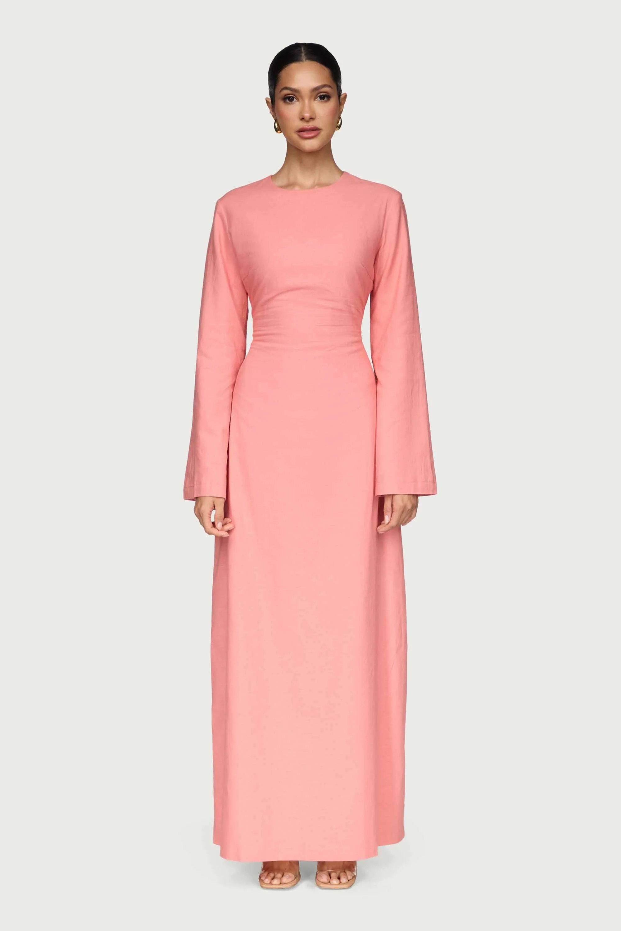 Cotton Linen Lace Up Back Maxi Dress - Summer Coral - Image 3