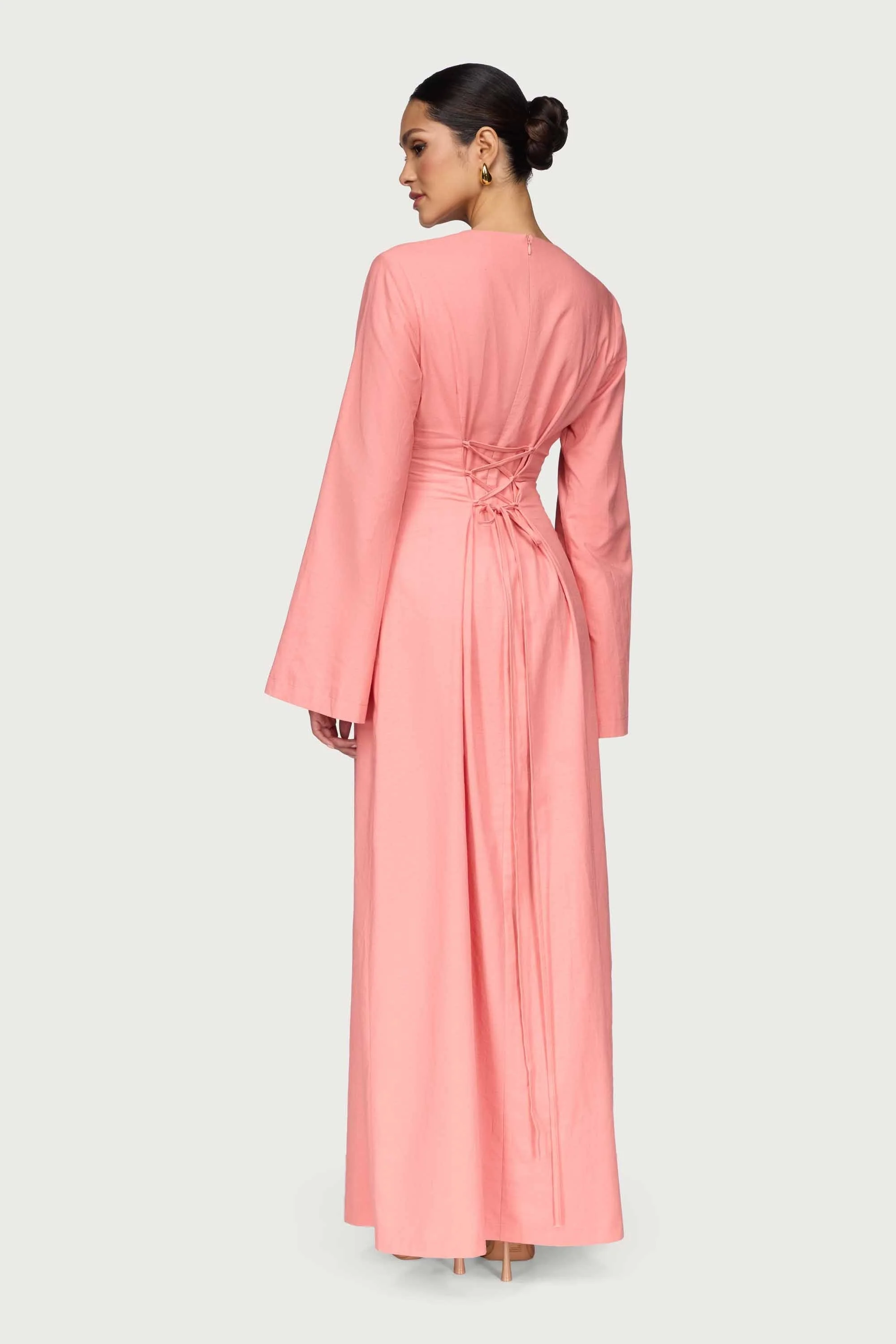 Cotton Linen Lace Up Back Maxi Dress - Summer Coral - Image 6