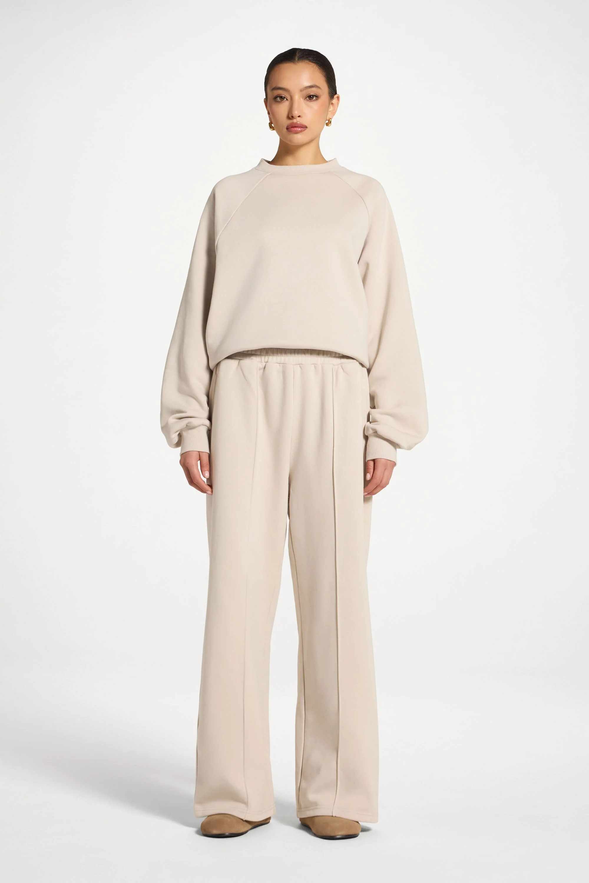 Cotton Pintuck Wide Leg Sweatpants - Stone - Image 4
