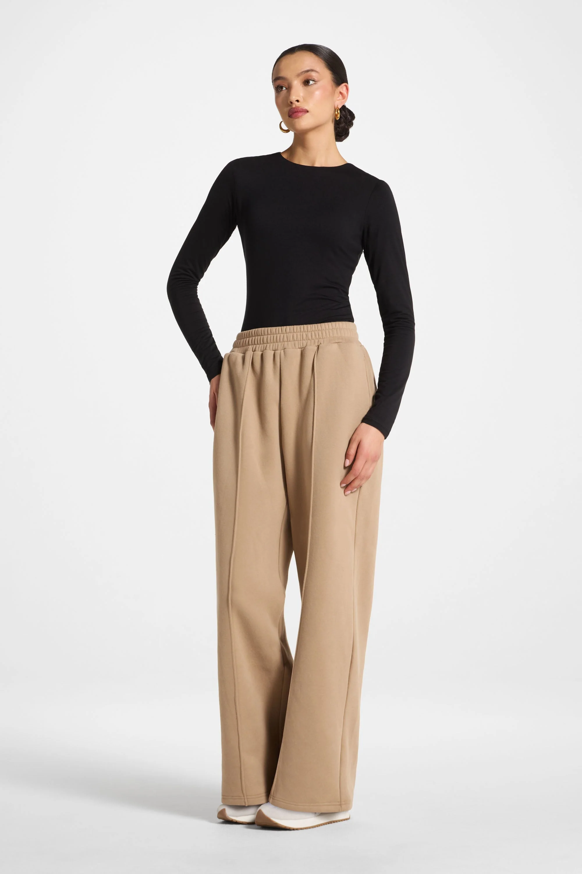 Cotton Pintuck Wide Leg Sweatpants - Mocha - Image 5