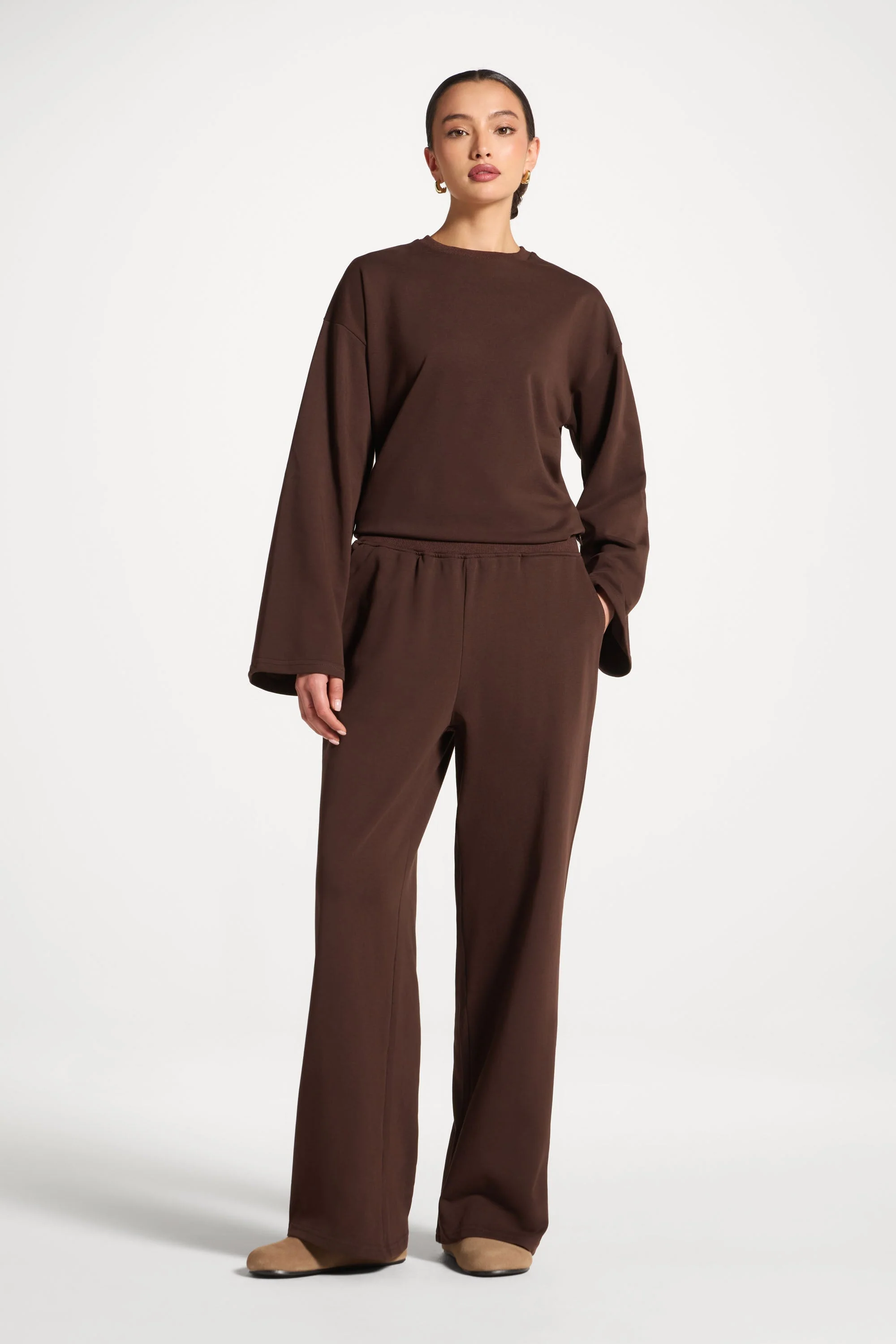 Cotton Wide Leg Pants - Coffee