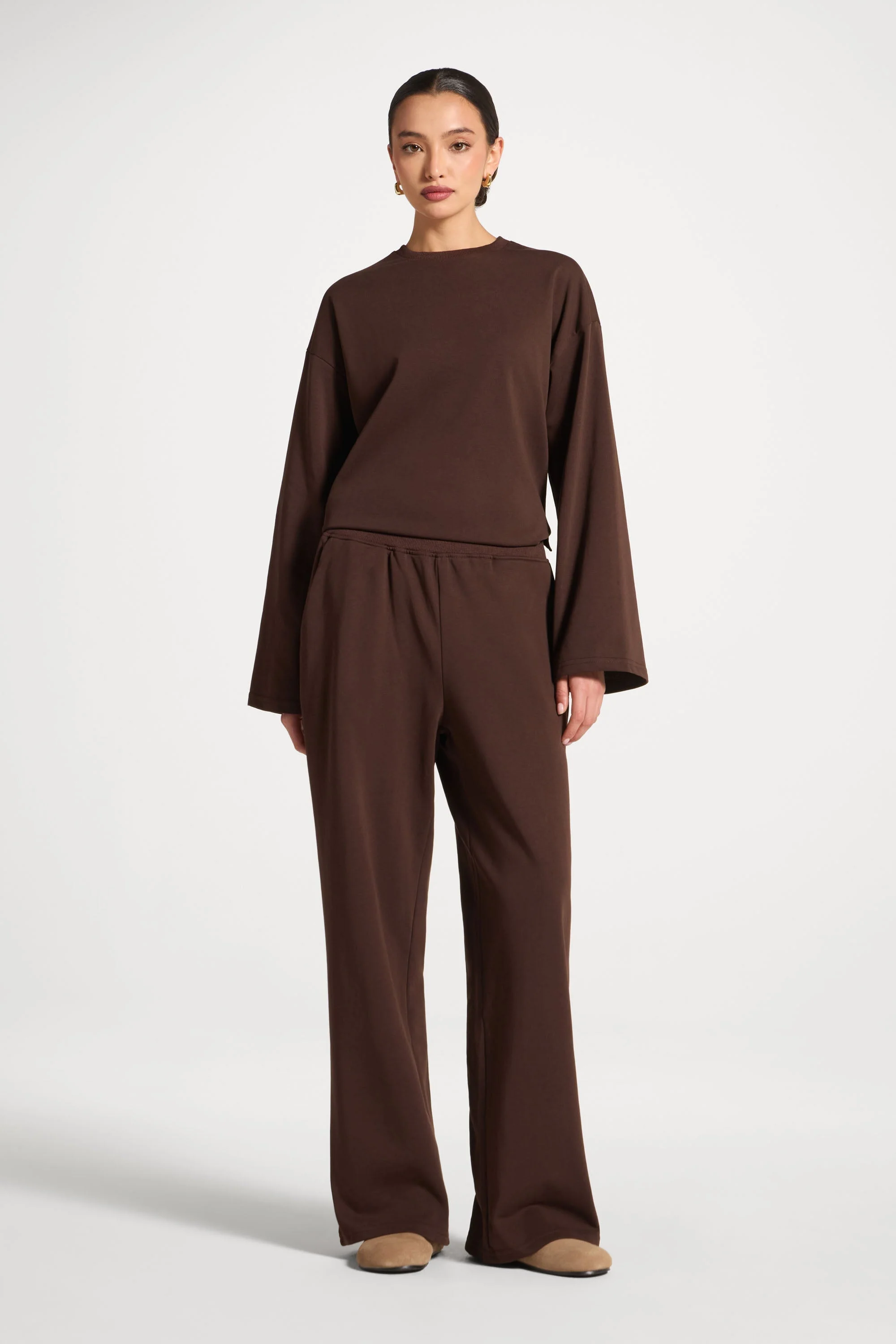 Cotton Wide Leg Pants - Coffee - Image 3