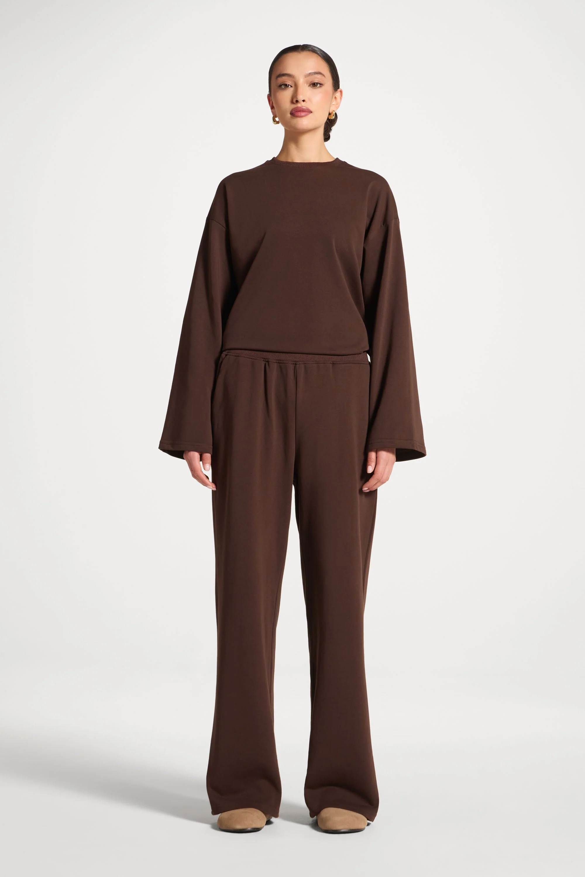 Cotton Wide Leg Pants - Coffee - Image 4