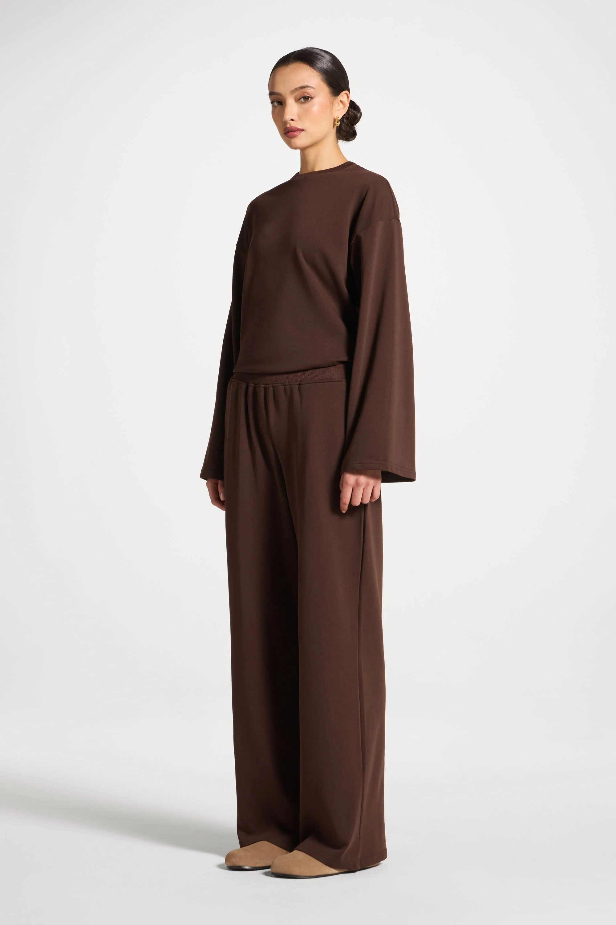 Cotton Wide Leg Pants - Coffee - Image 5