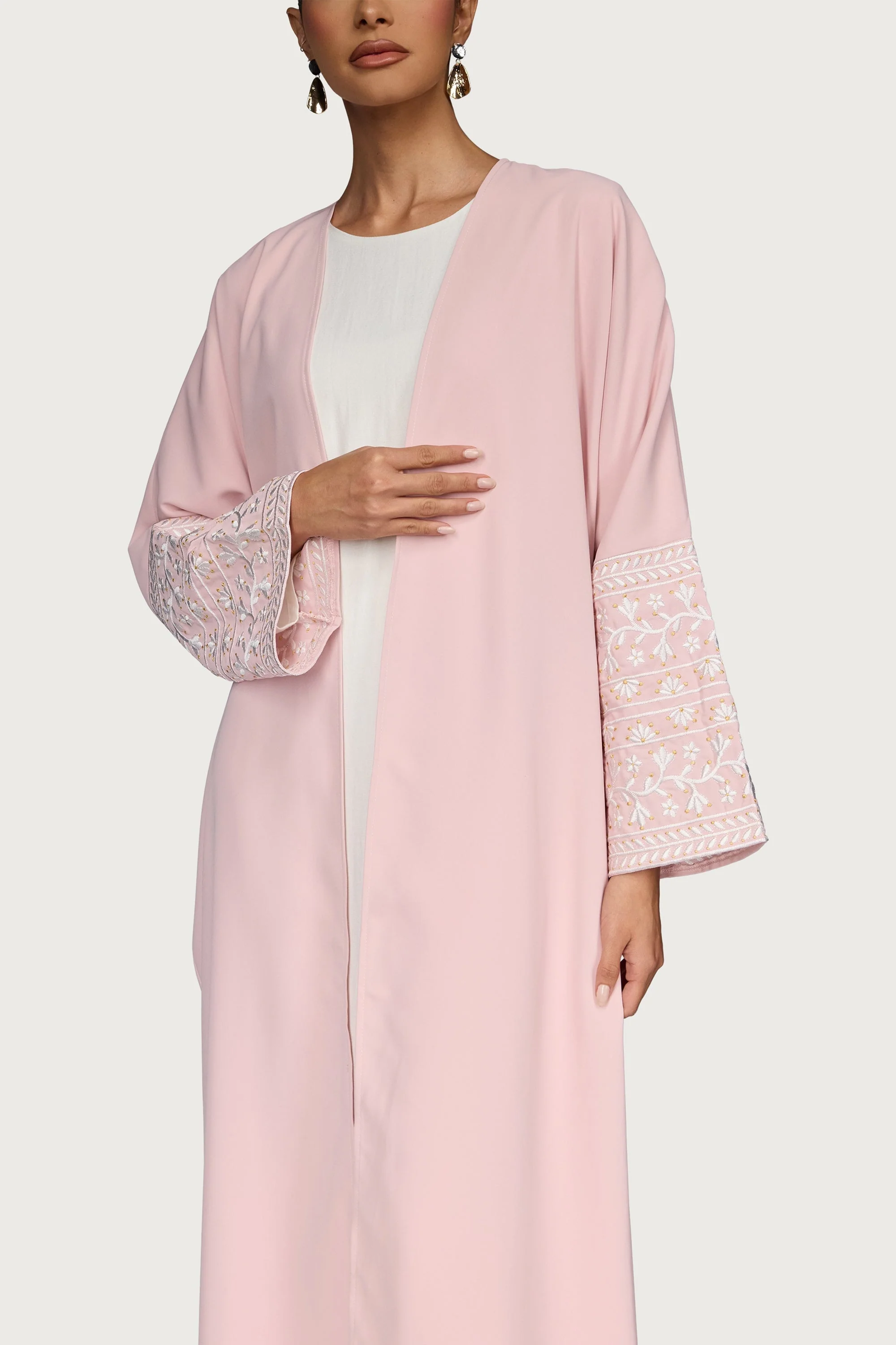 Dalal Embroidered Open Abaya - Pastel Pink - Image 3