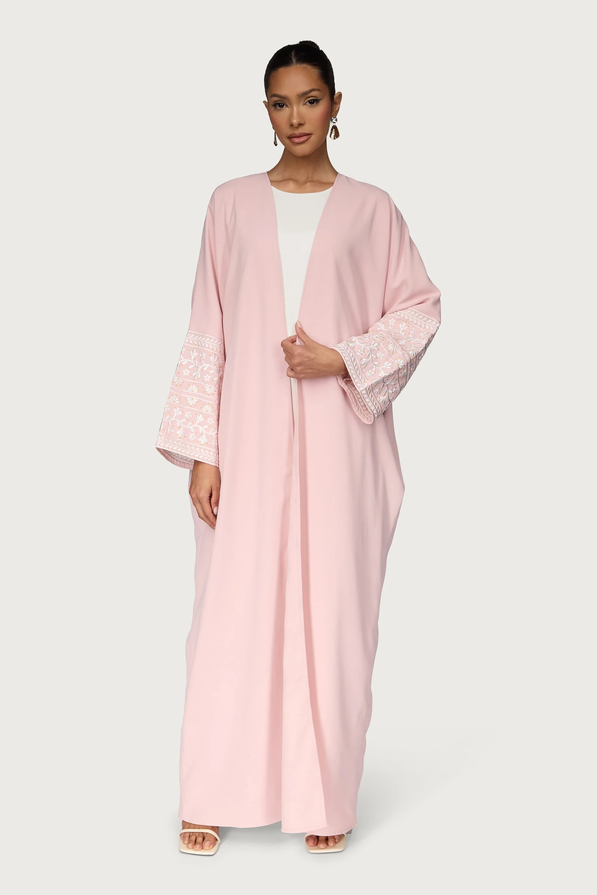 Dalal Embroidered Open Abaya - Pastel Pink - Image 4