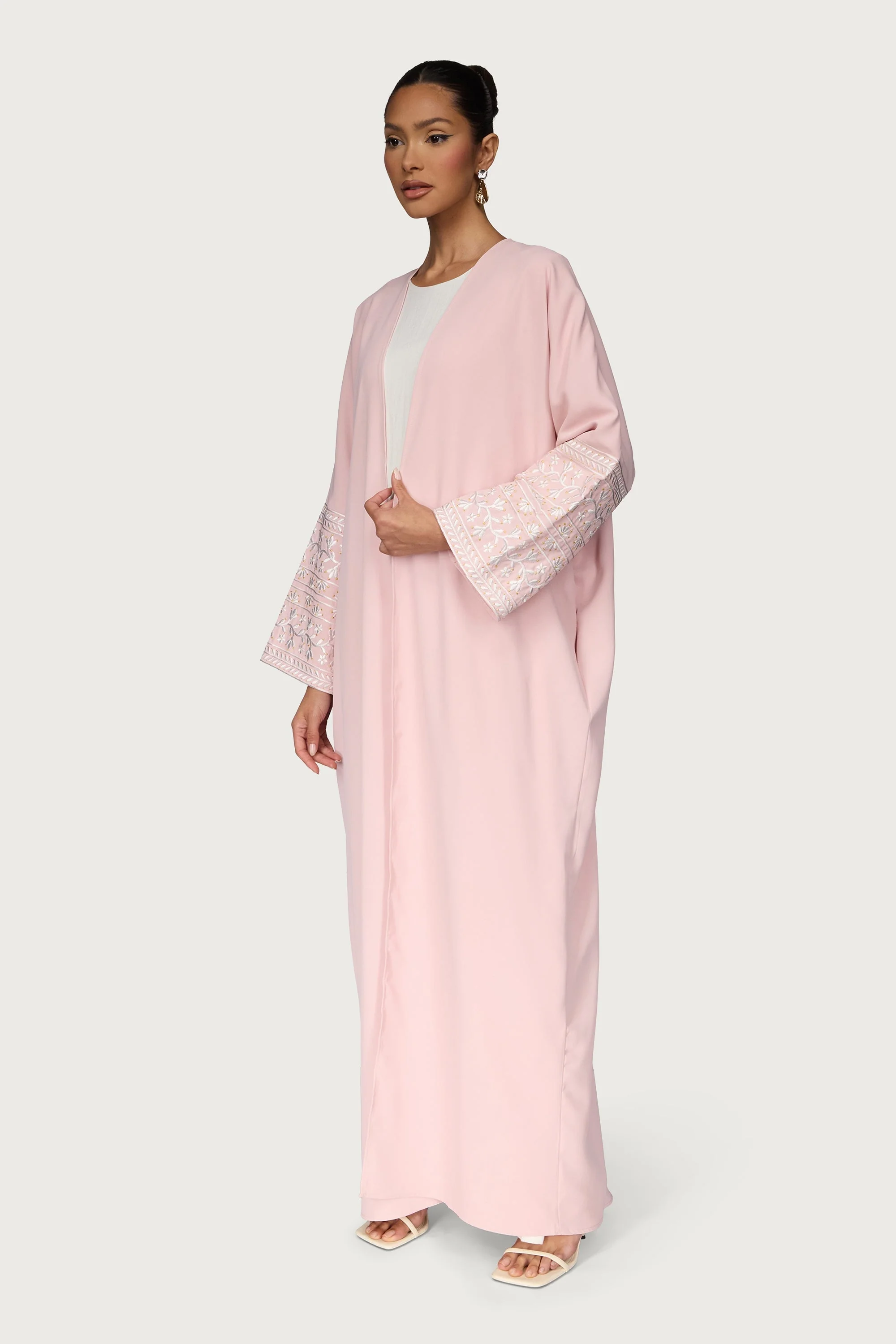 Dalal Embroidered Open Abaya - Pastel Pink - Image 5