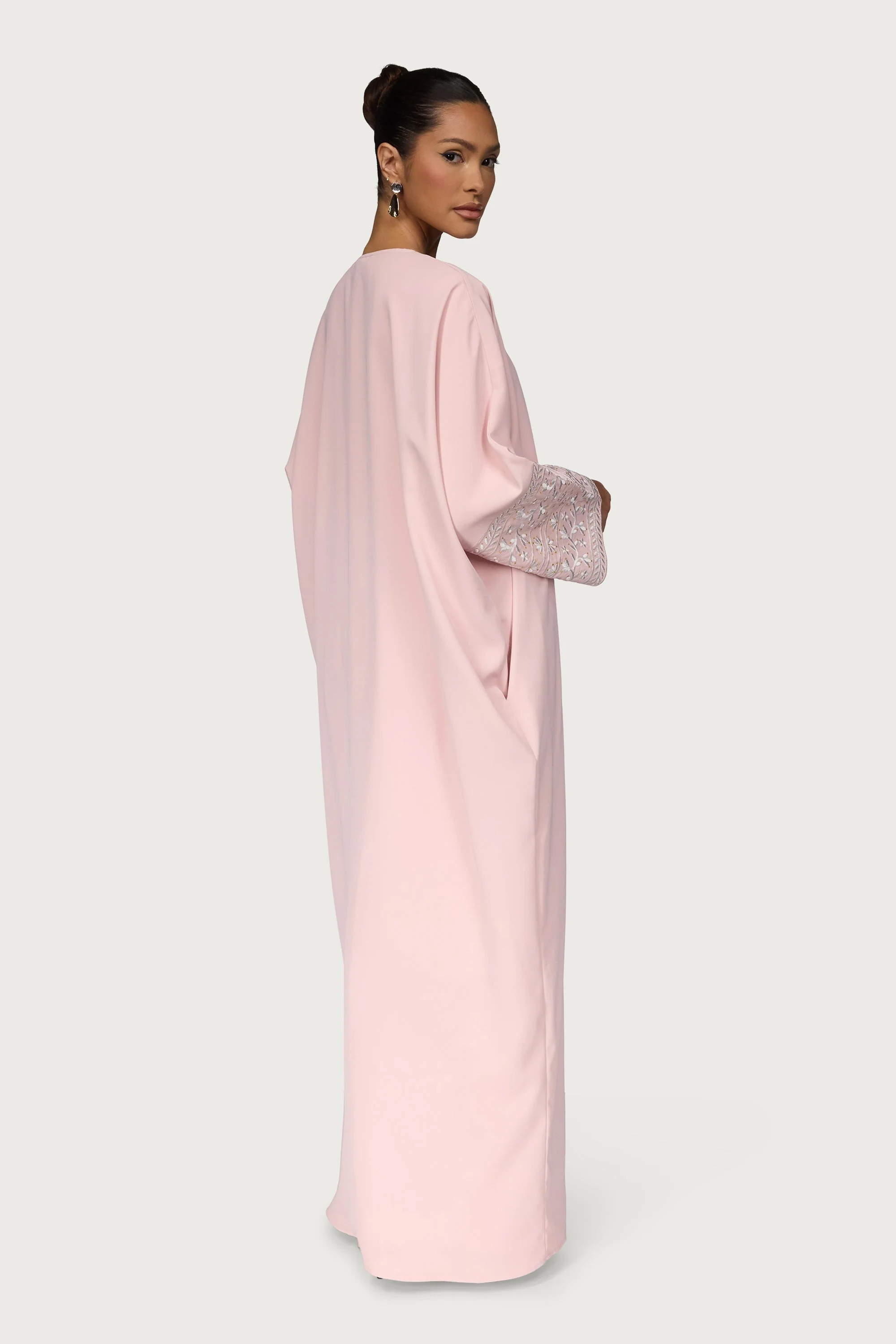 Dalal Embroidered Open Abaya - Pastel Pink - Image 6