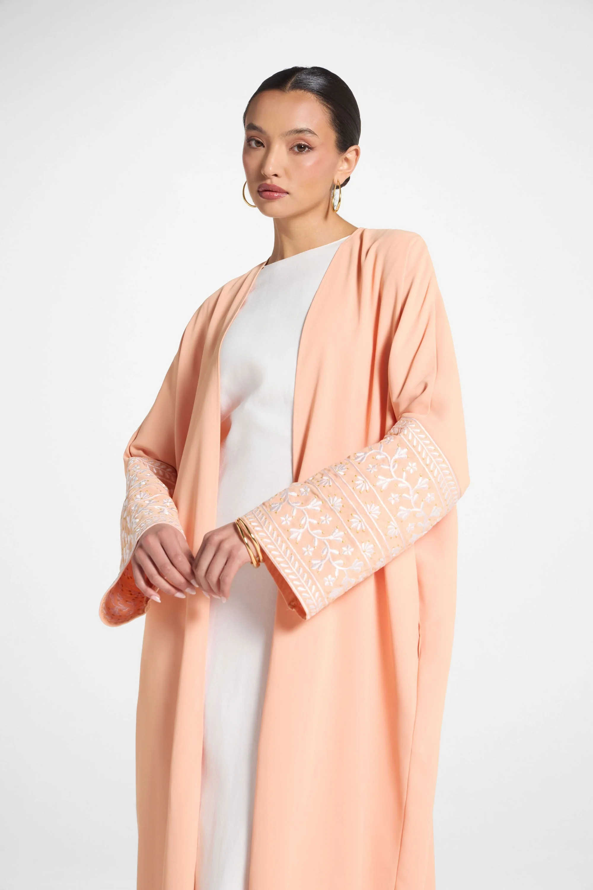 Dalal Embroidered Open Abaya - Peach - Image 2