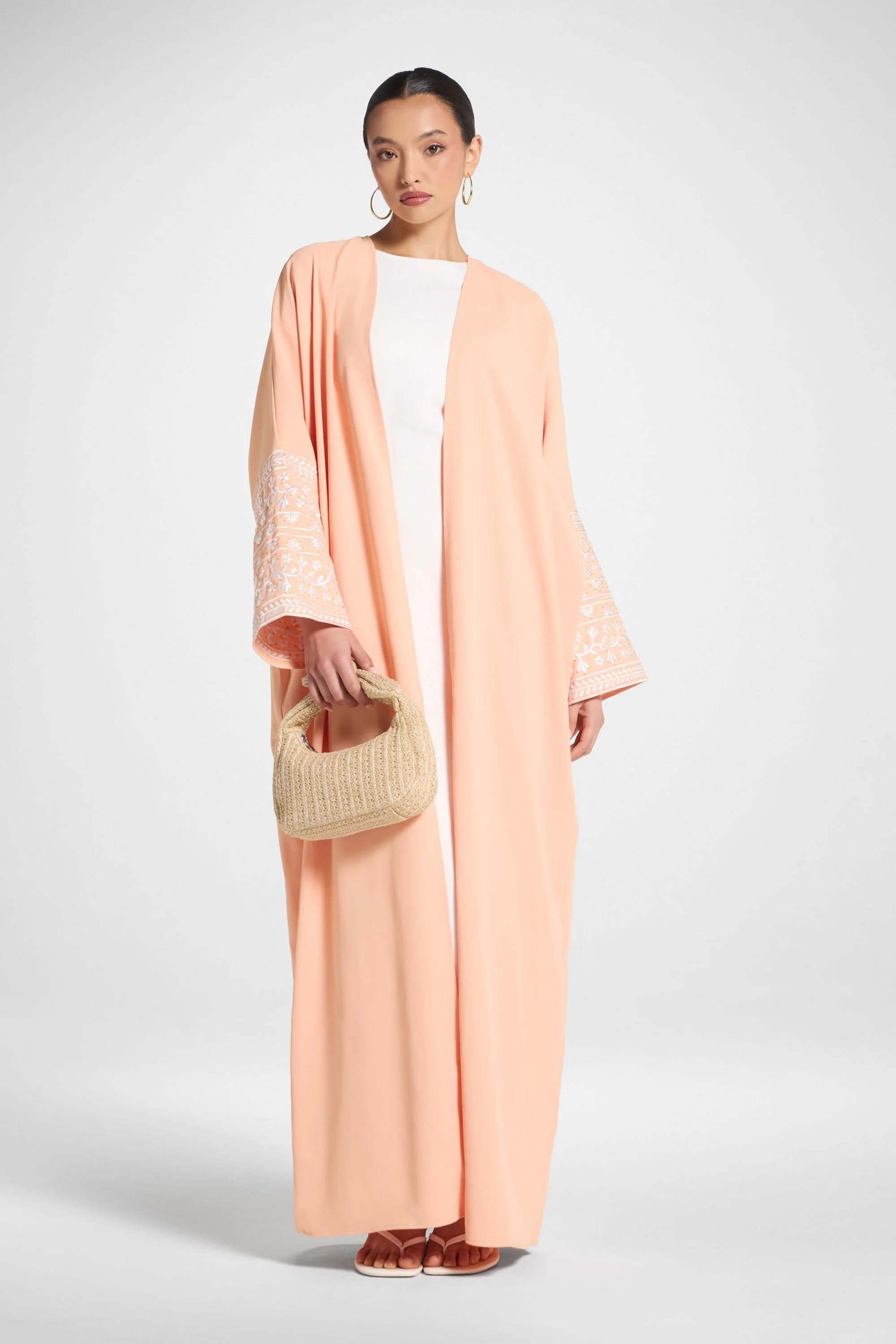 Dalal Embroidered Open Abaya - Peach - Image 3