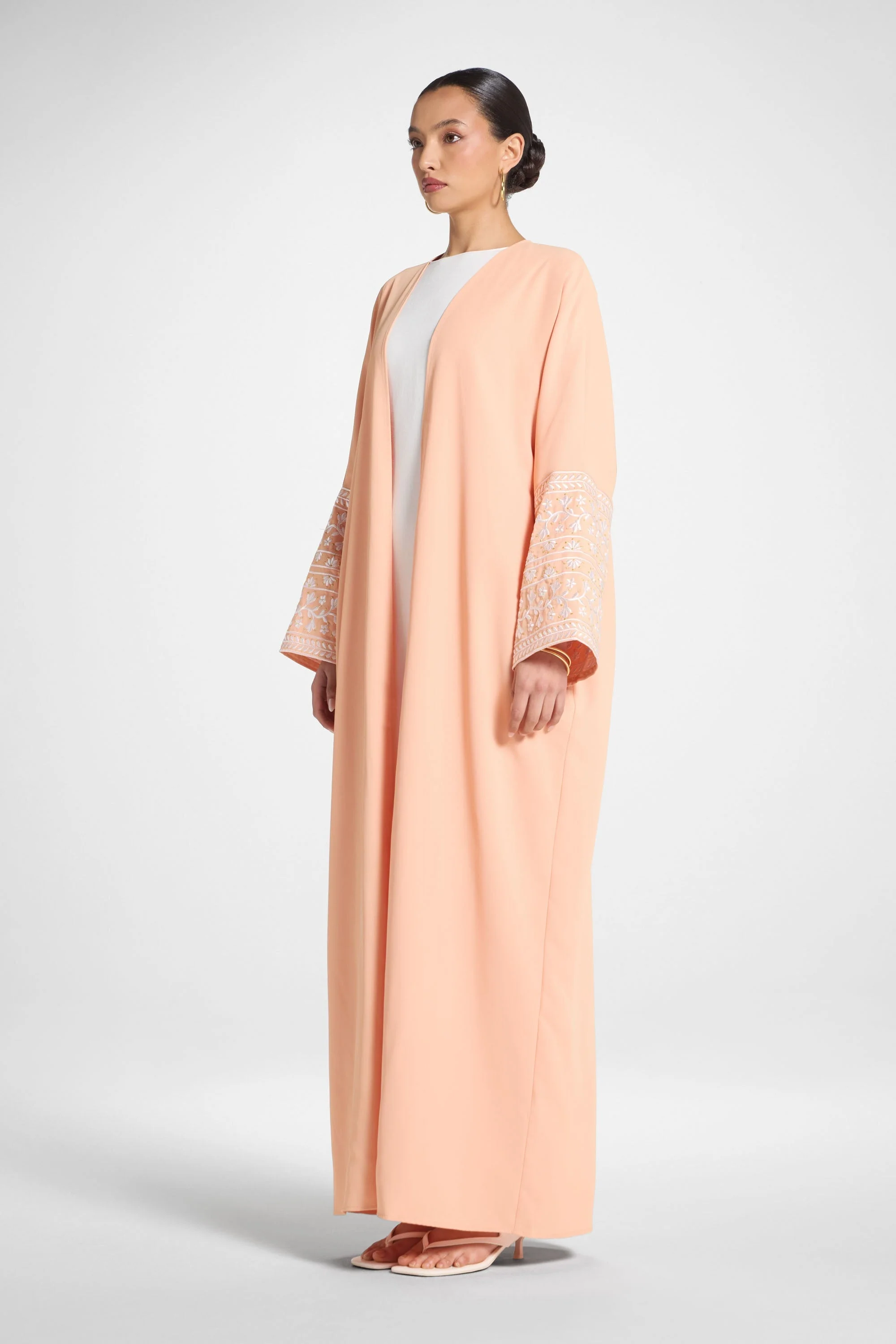 Dalal Embroidered Open Abaya - Peach - Image 4